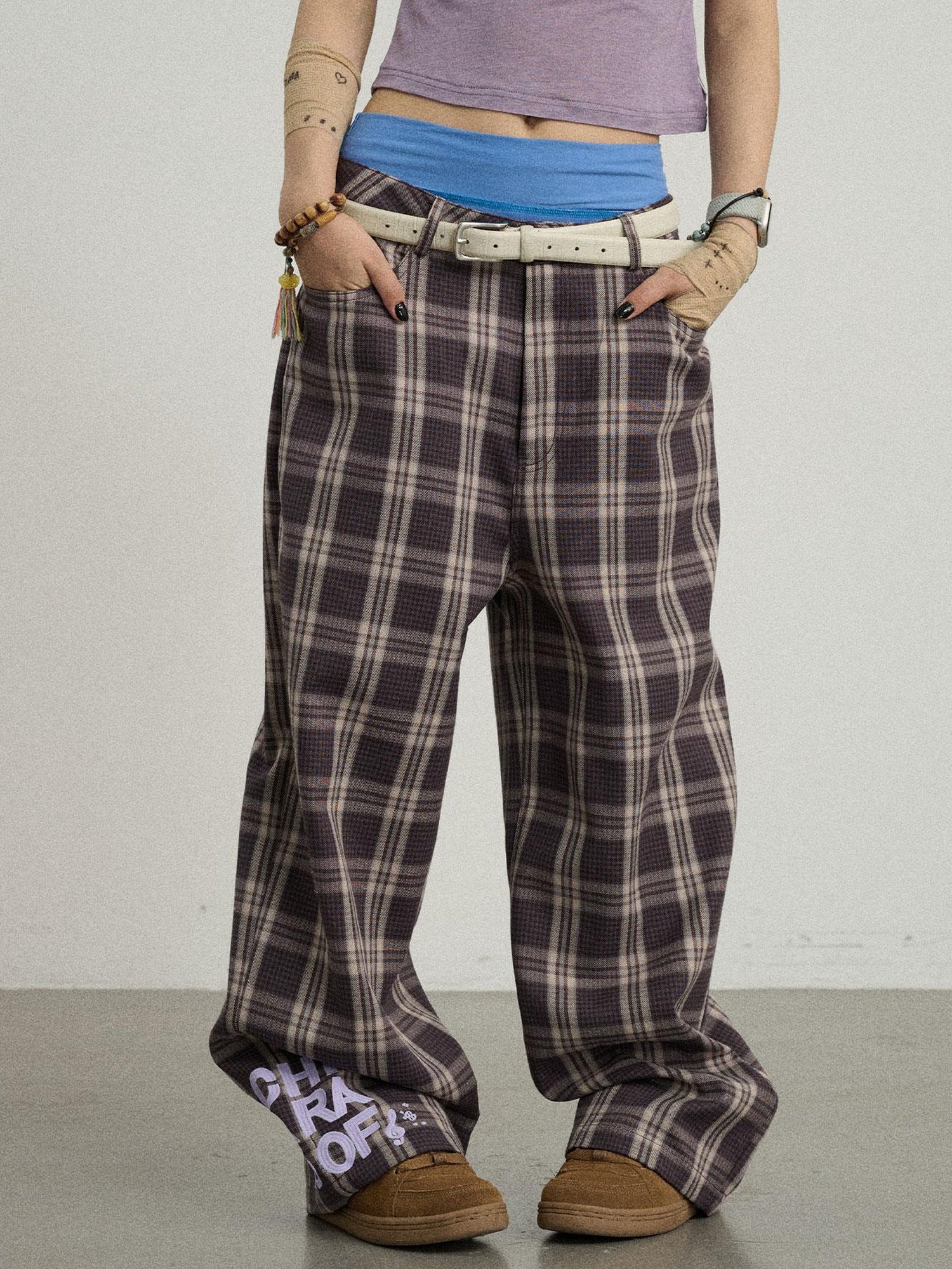 Achihara Mosaic Checkered Wide Leg Trousers With Embroidered Cuffs