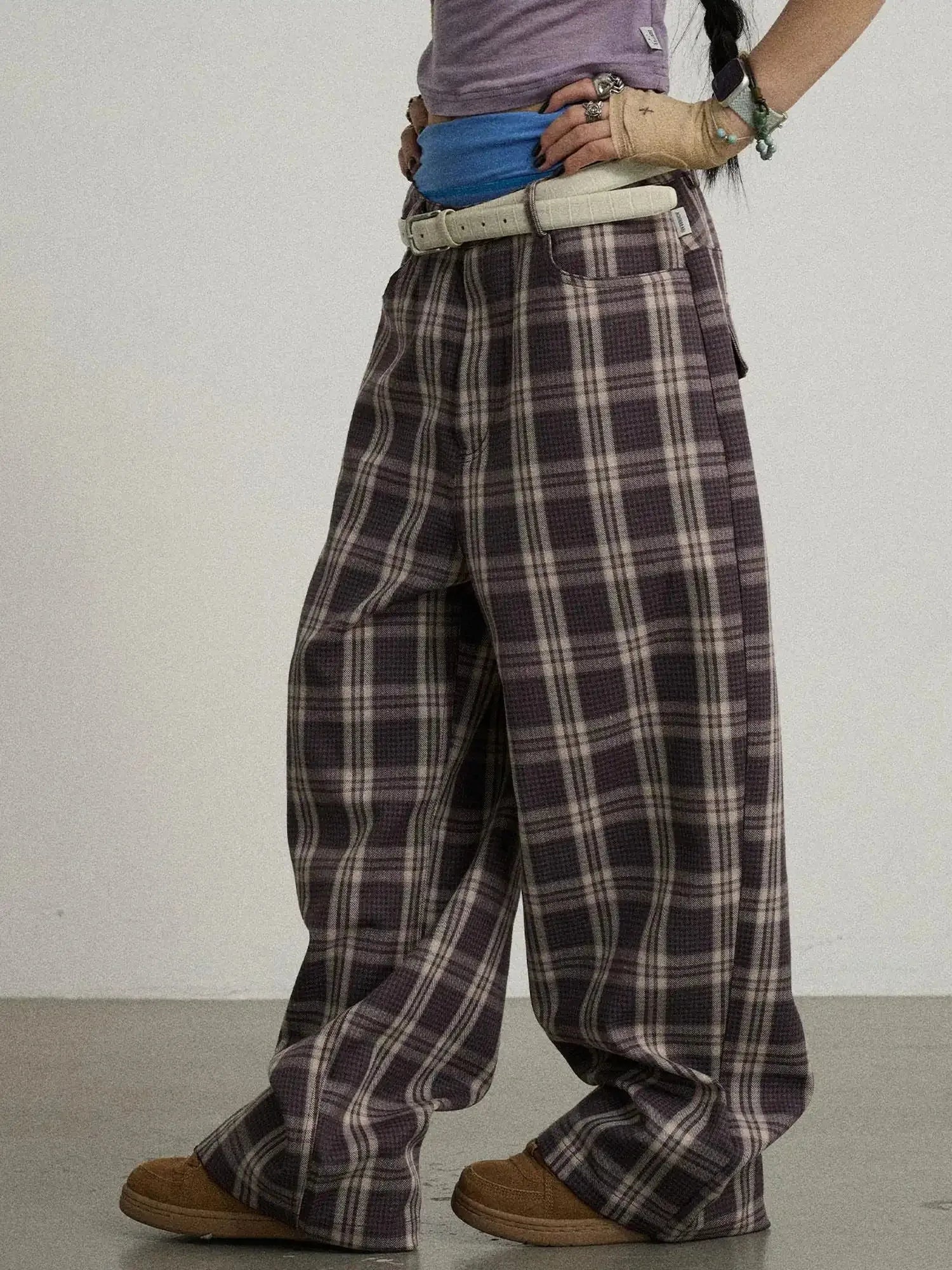 Mosaic Checkered Wide Leg Trousers With Embroidered Cuffs