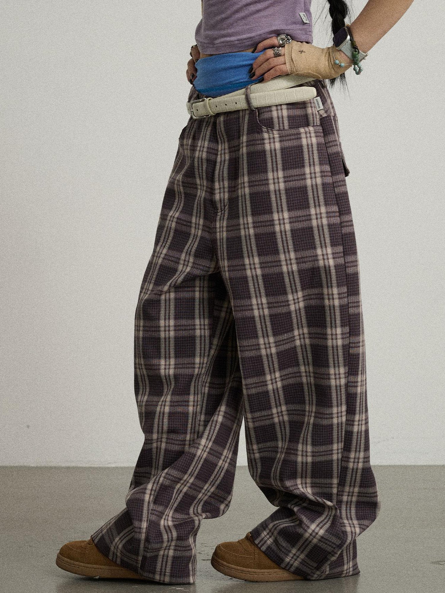 Achihara Mosaic Checkered Wide Leg Trousers With Embroidered Cuffs