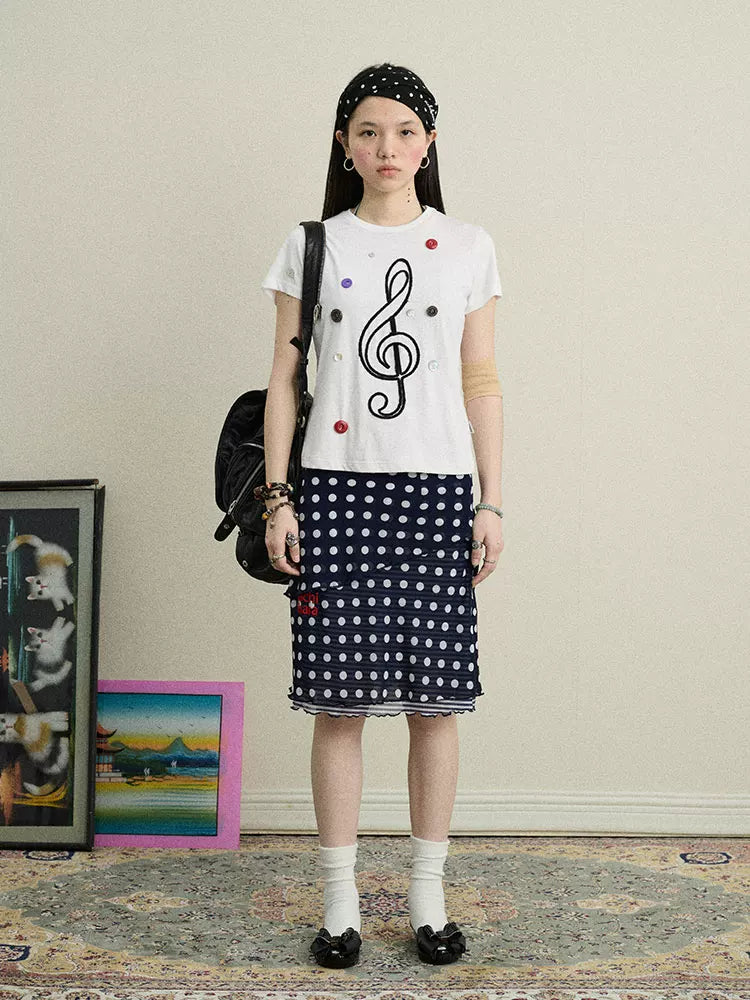 Achihara Music Button Embroidered Tee V Neck T Shirt Long Sleeve-1