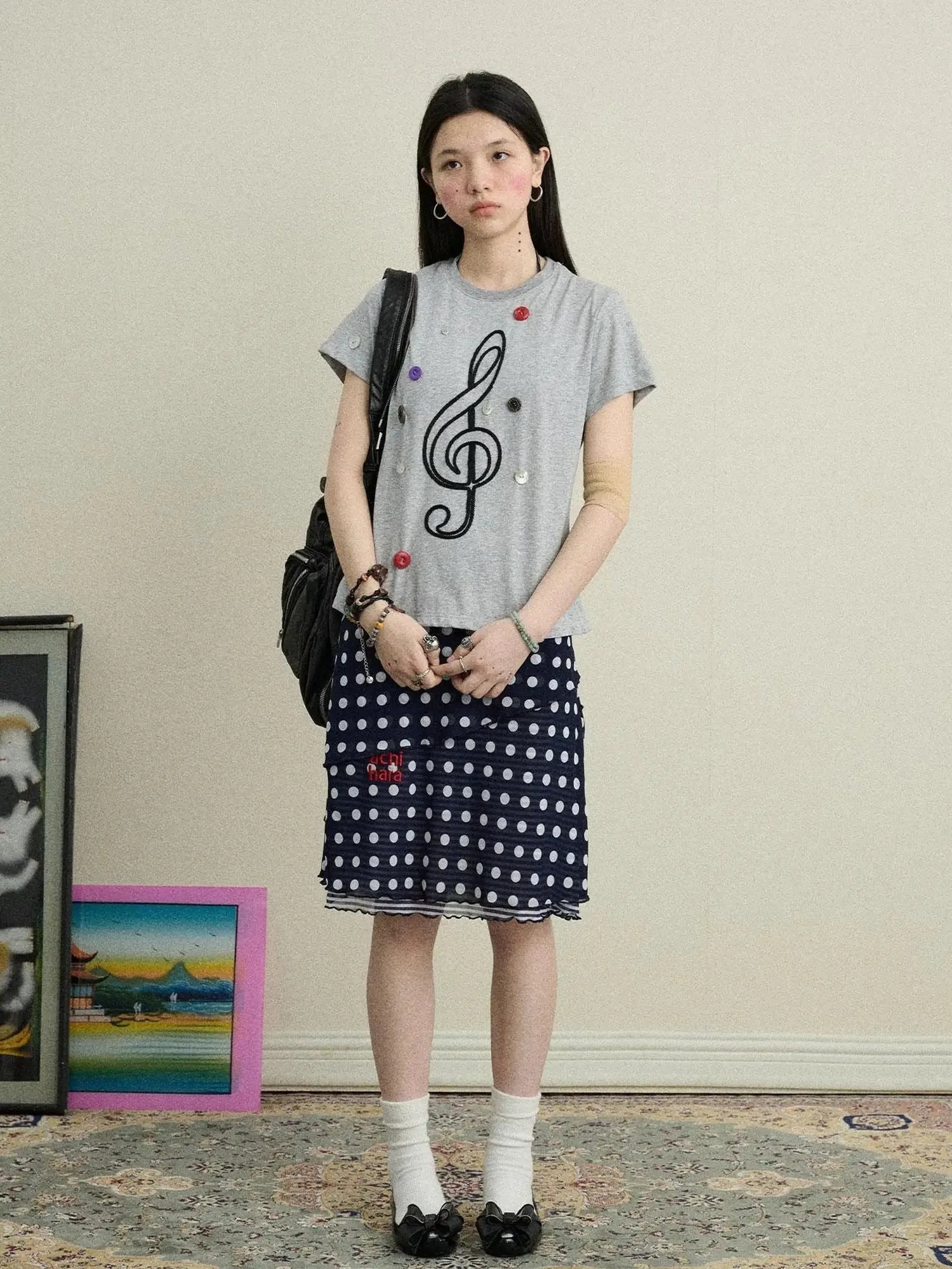 Music Button Embroidered Tee V Neck T Shirt Long Sleeve
