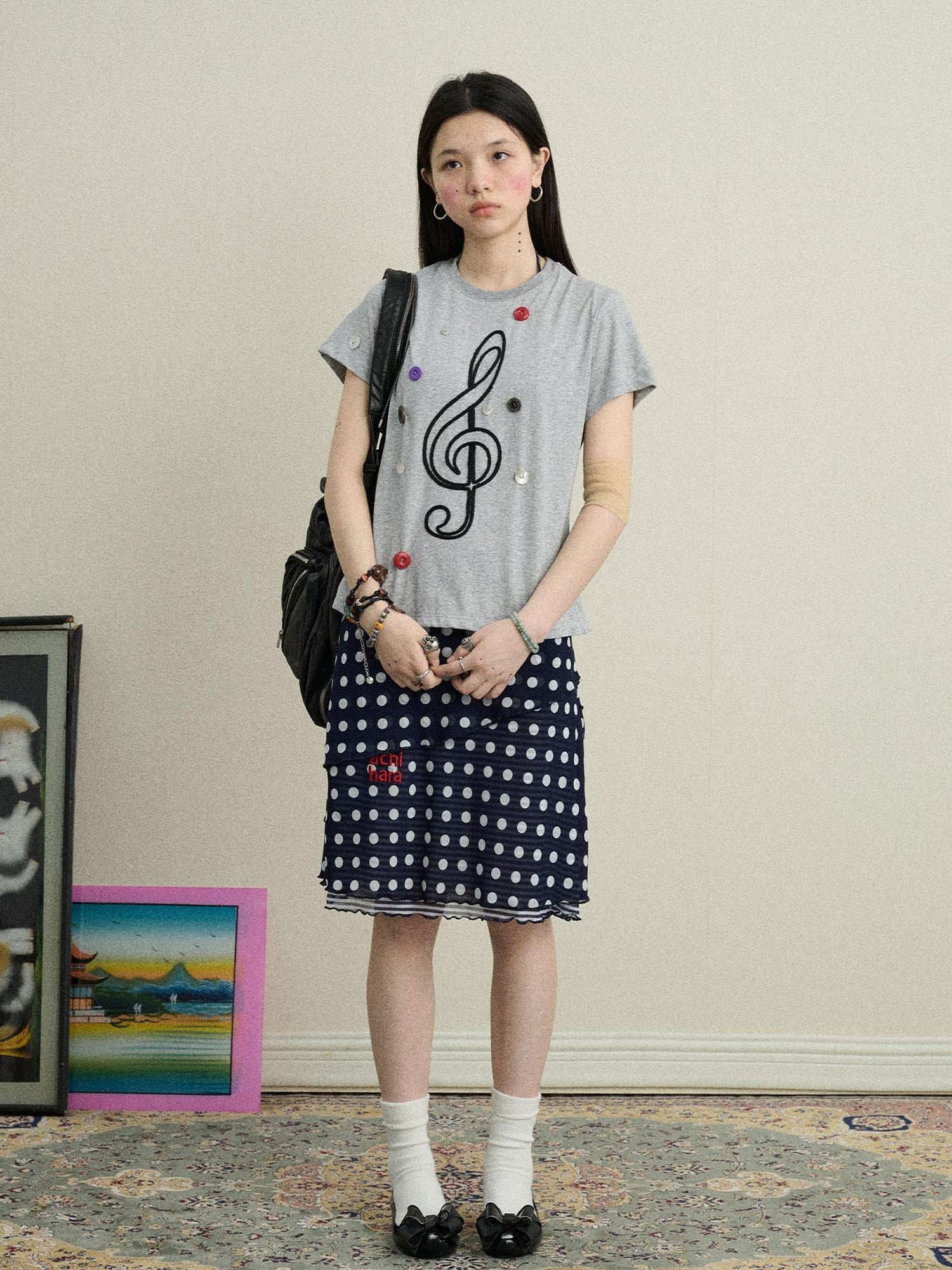 Achihara Music Button Embroidered Tee V Neck T Shirt Long Sleeve