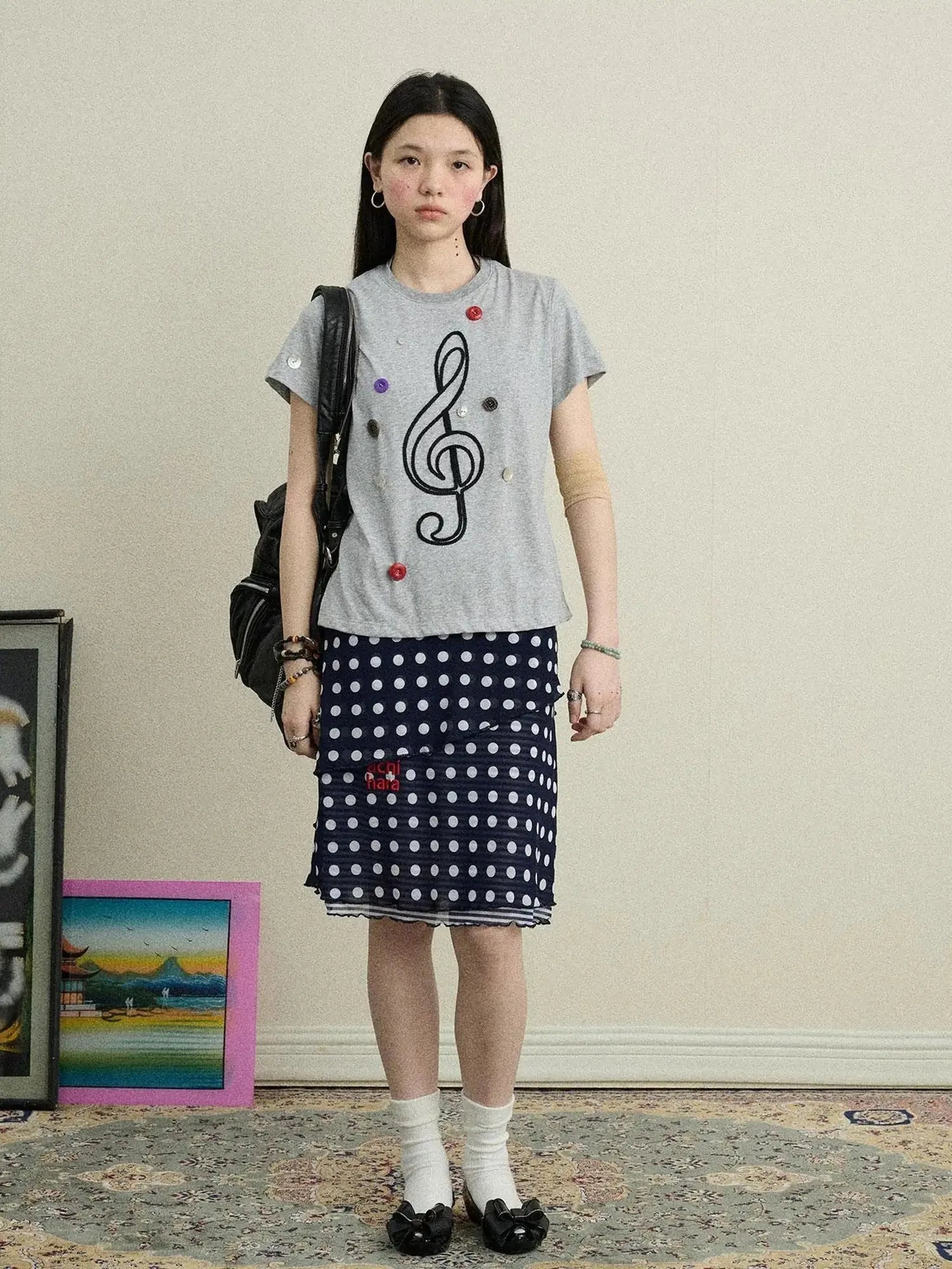 Music Button Embroidered Tee V Neck T Shirt Long Sleeve