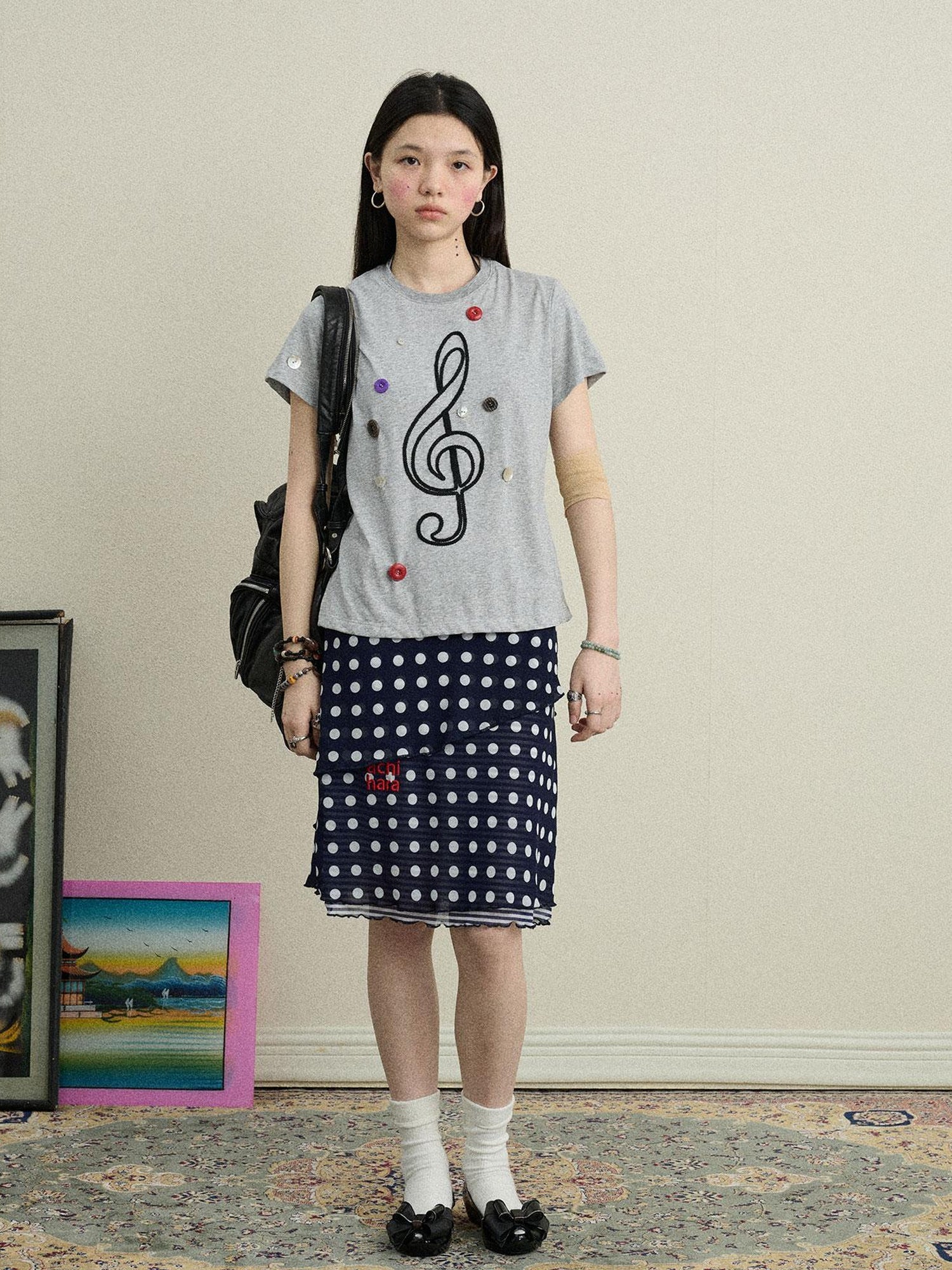 Achihara Music Button Embroidered Tee V Neck T Shirt Long Sleeve