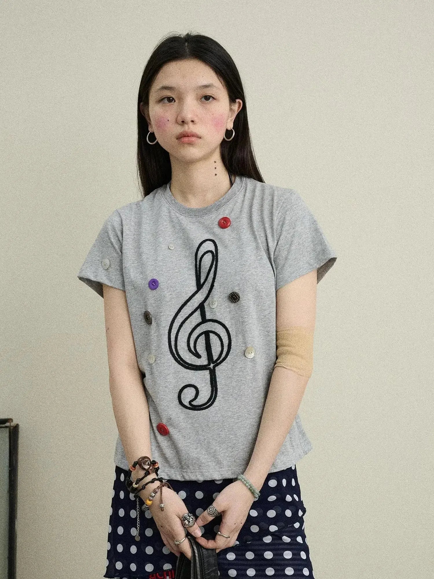 Music Button Embroidered Tee V Neck T Shirt Long Sleeve