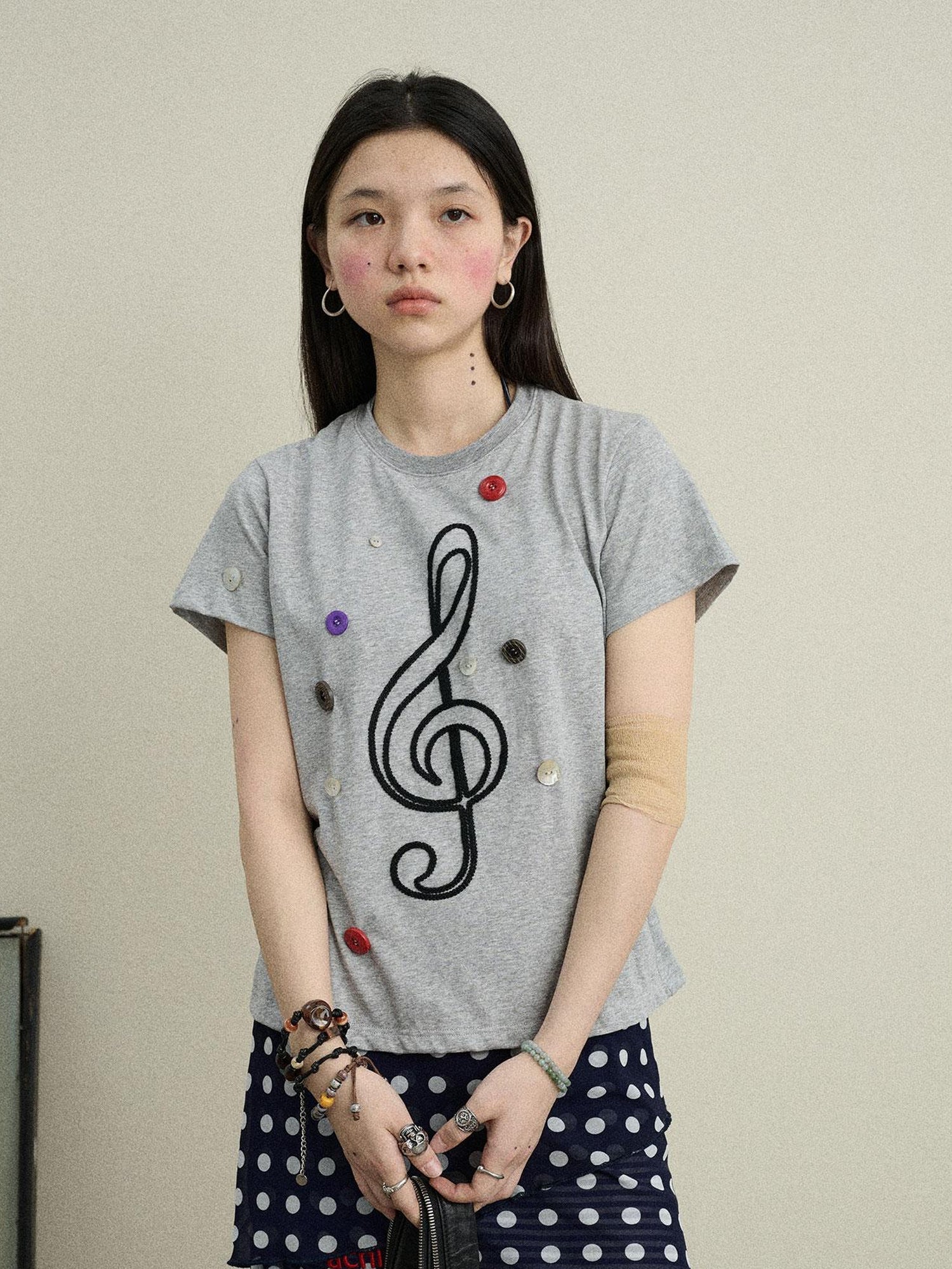 Achihara Music Button Embroidered Tee V Neck T Shirt Long Sleeve