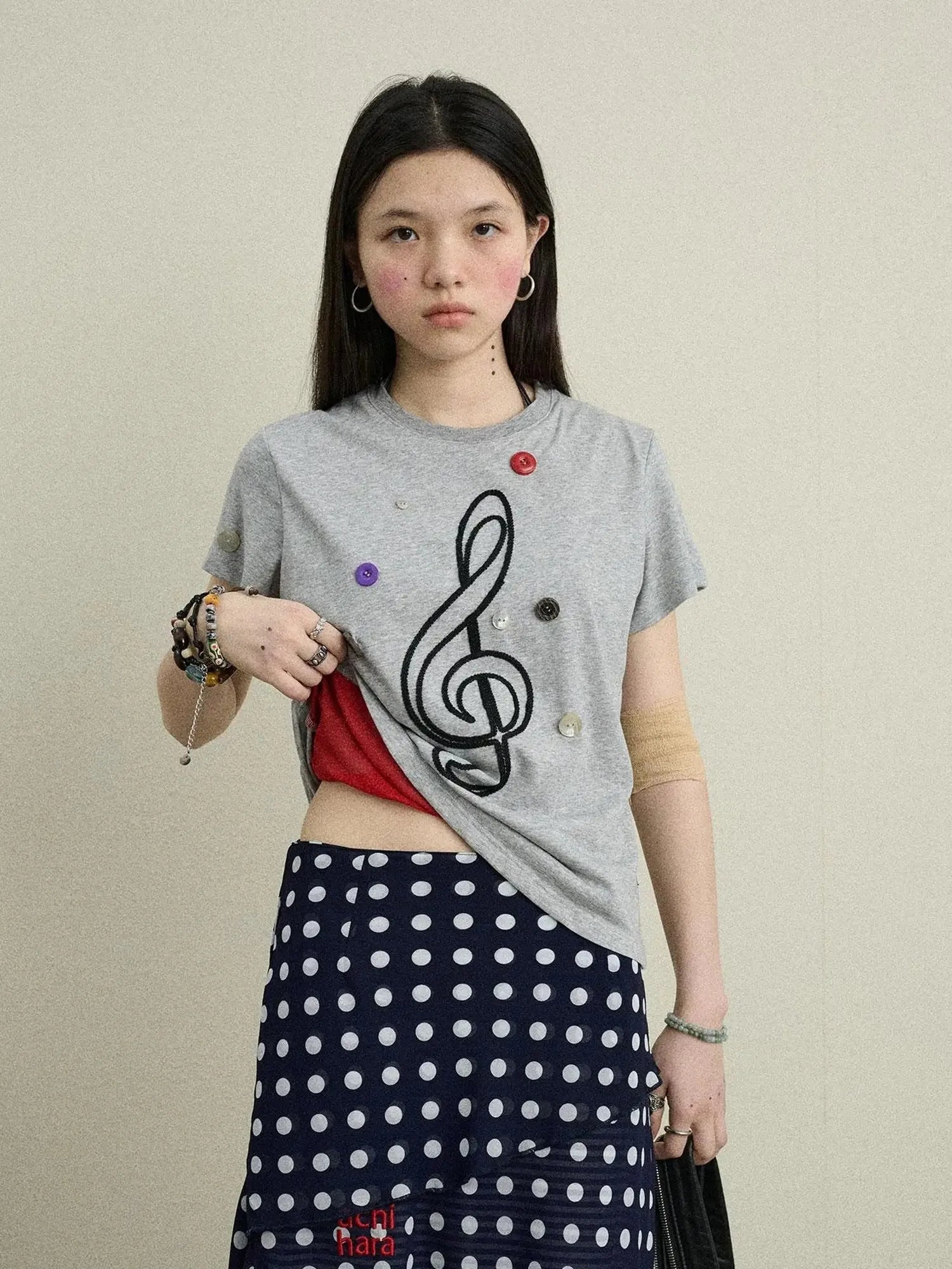 Music Button Embroidered Tee V Neck T Shirt Long Sleeve