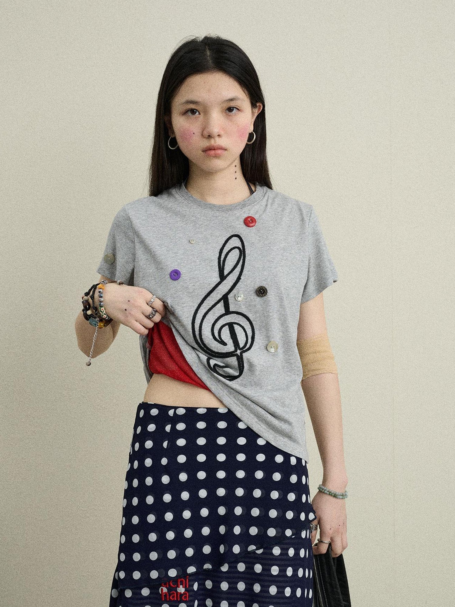 Achihara Music Button Embroidered Tee V Neck T Shirt Long Sleeve