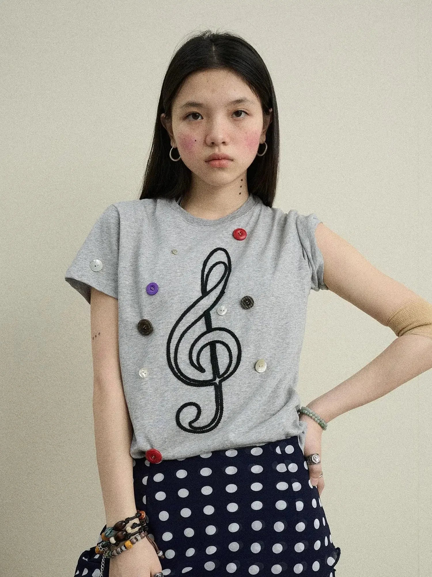 Music Button Embroidered Tee V Neck T Shirt Long Sleeve