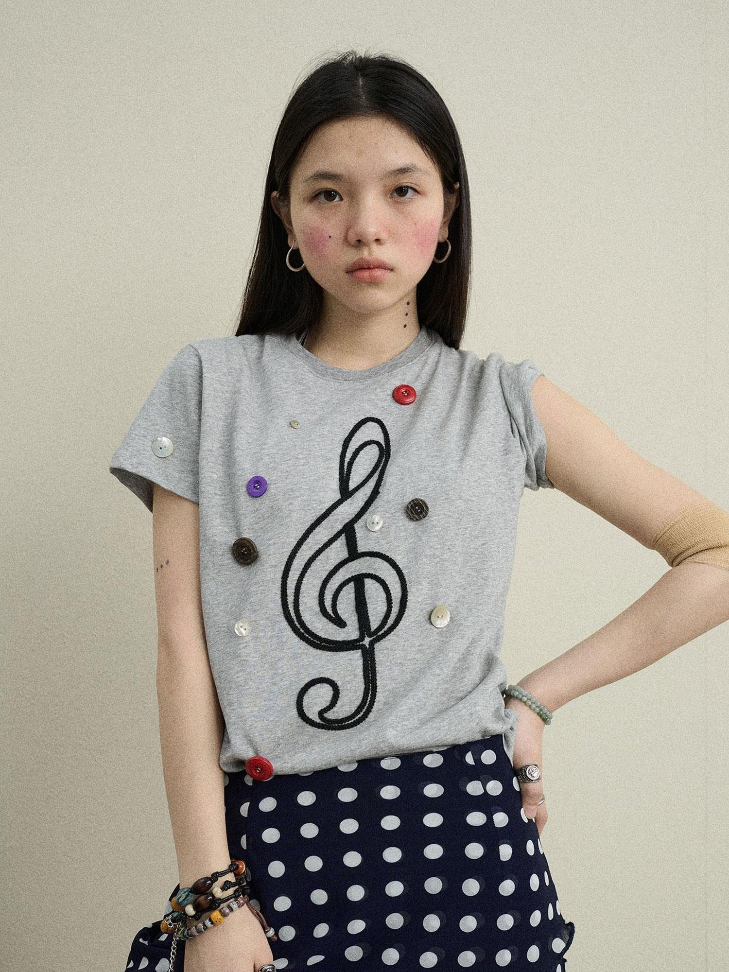 Achihara Music Button Embroidered Tee V Neck T Shirt Long Sleeve