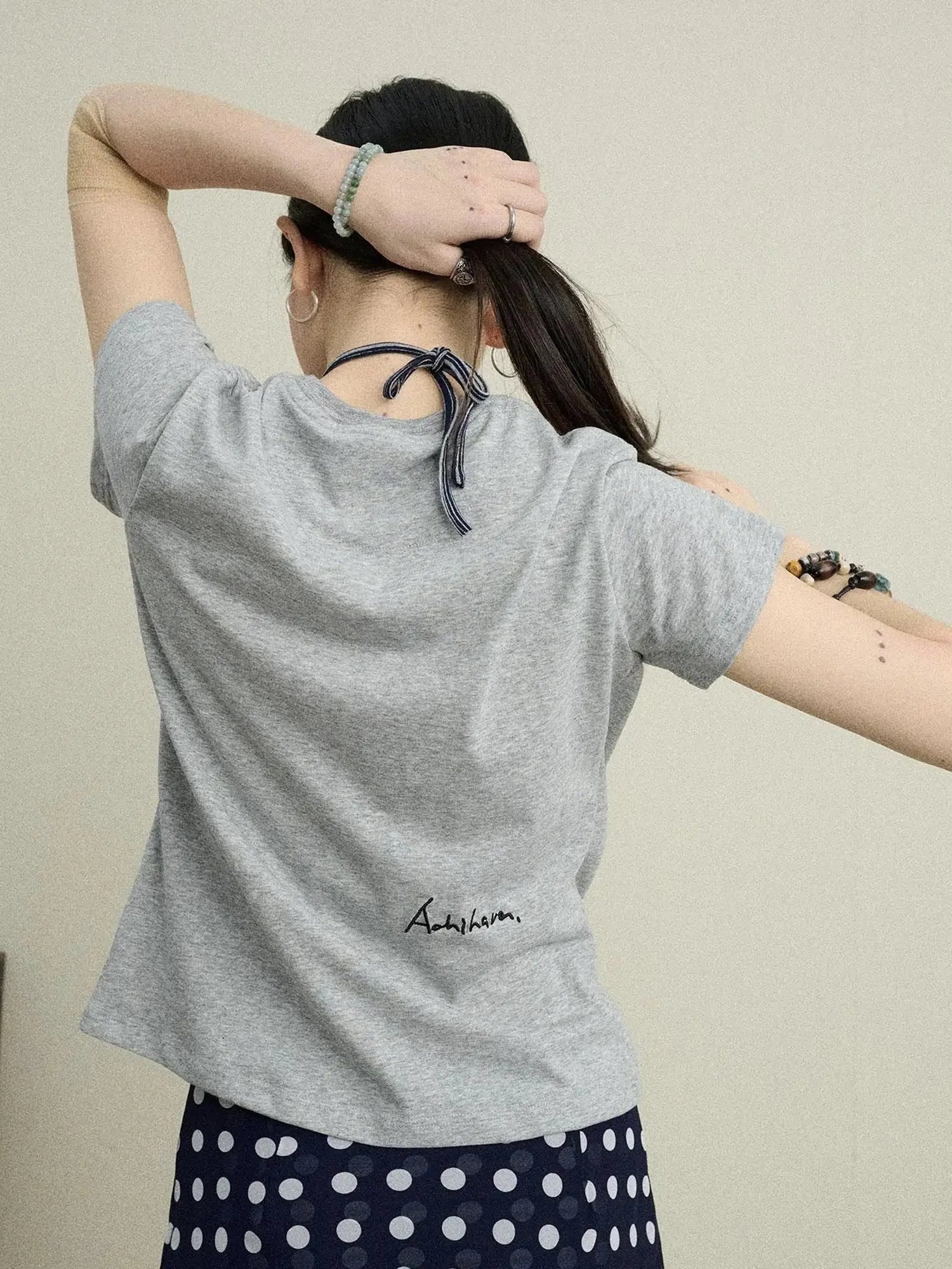 Music Button Embroidered Tee V Neck T Shirt Long Sleeve