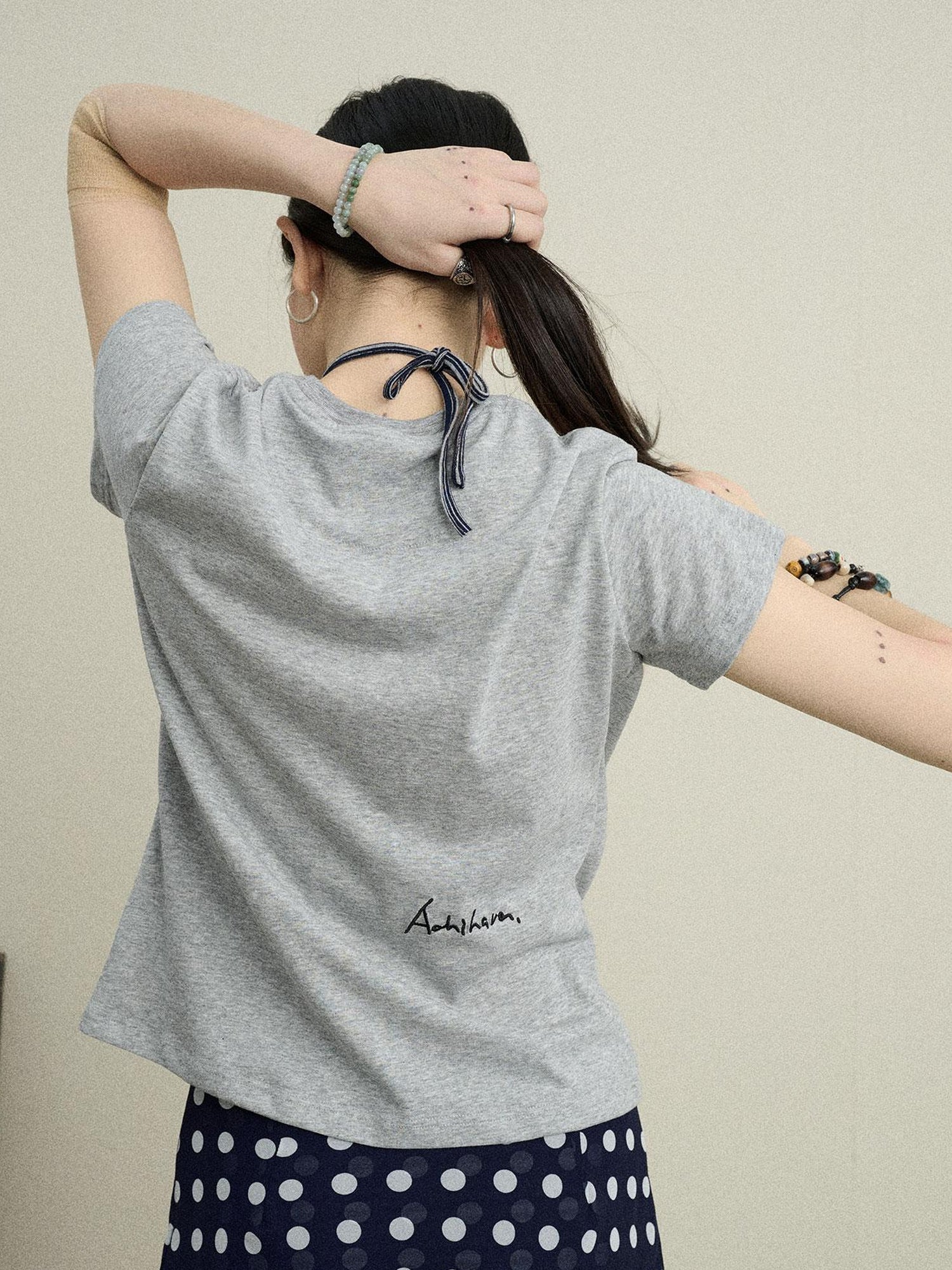 Achihara Music Button Embroidered Tee V Neck T Shirt Long Sleeve
