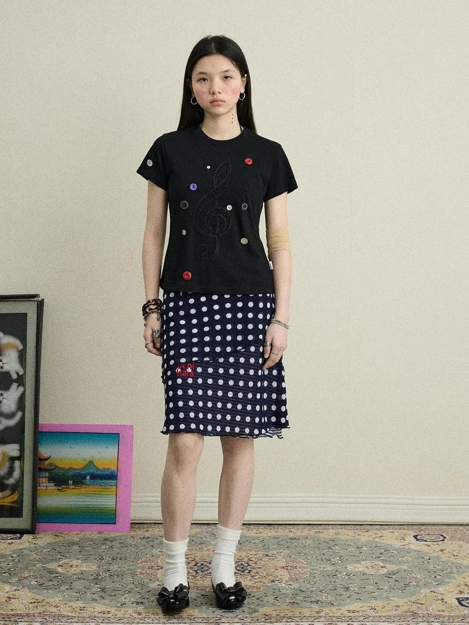 Music Button Embroidered Tee V Neck T Shirt Long Sleeve