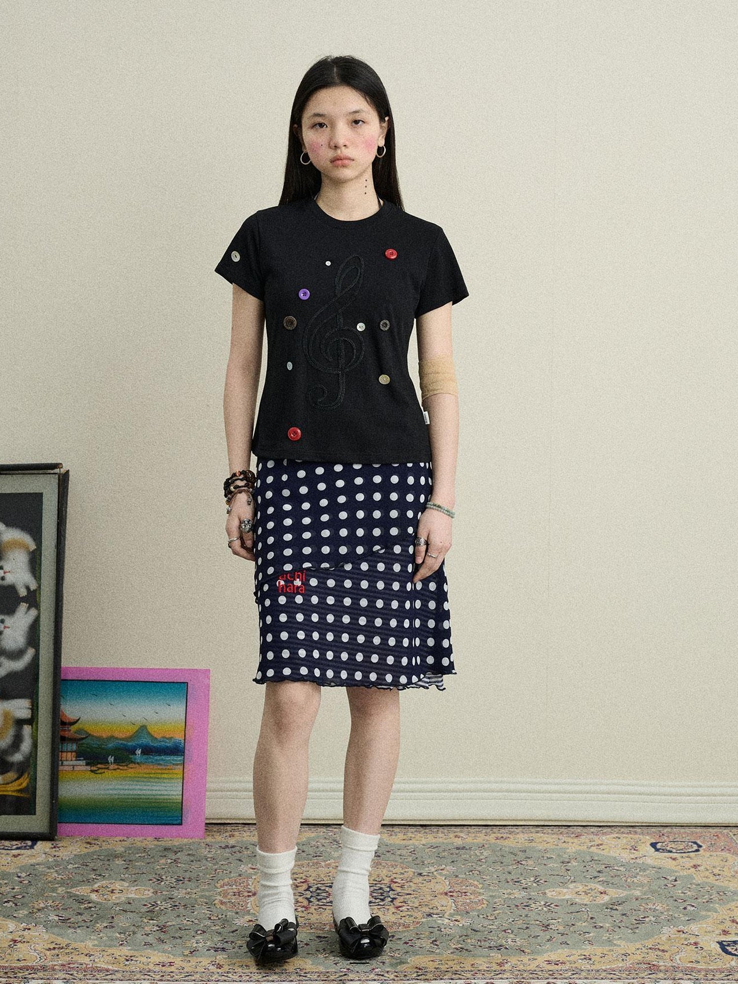 Achihara Music Button Embroidered Tee V Neck T Shirt Long Sleeve