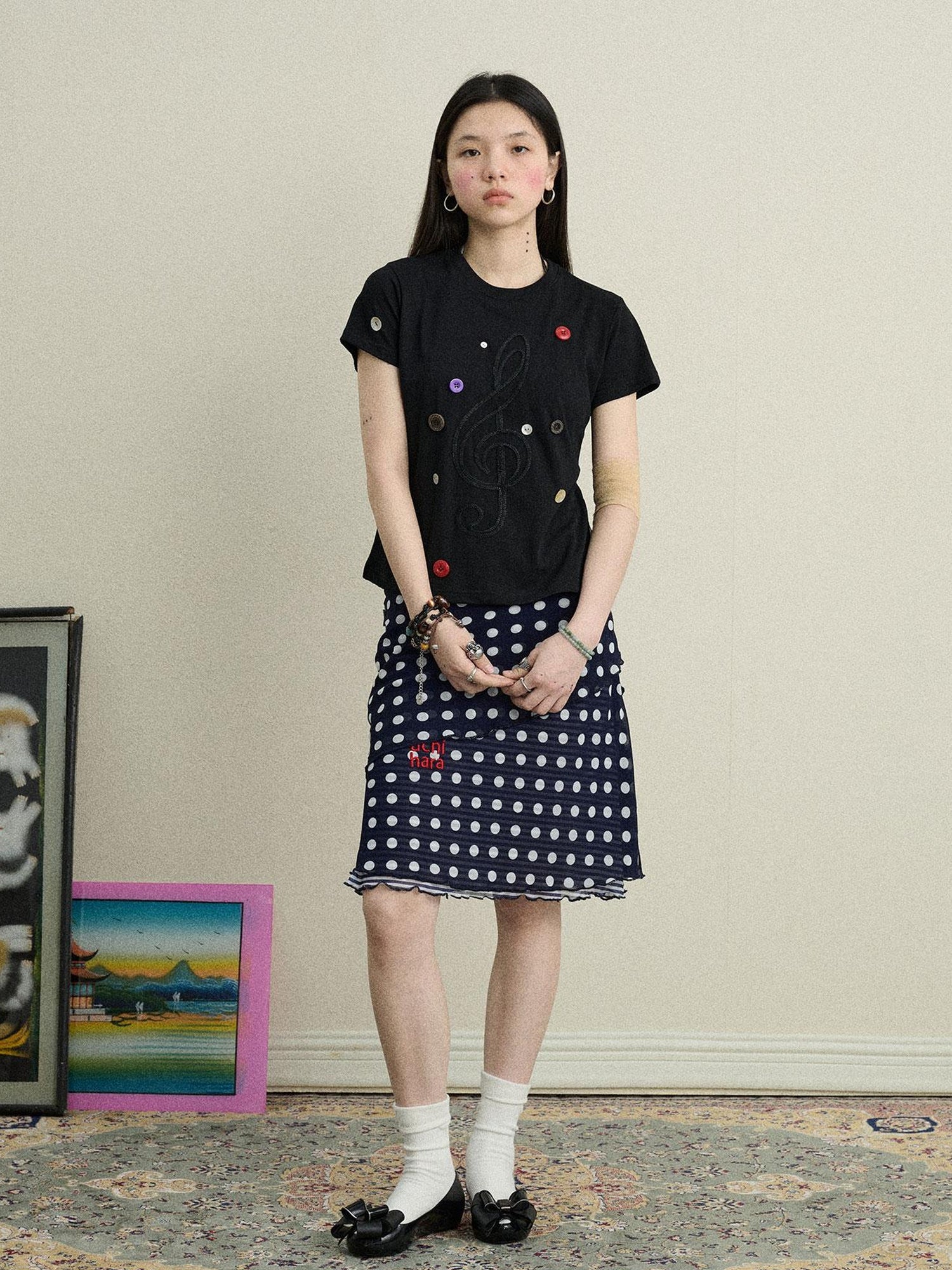 Achihara Music Button Embroidered Tee V Neck T Shirt Long Sleeve