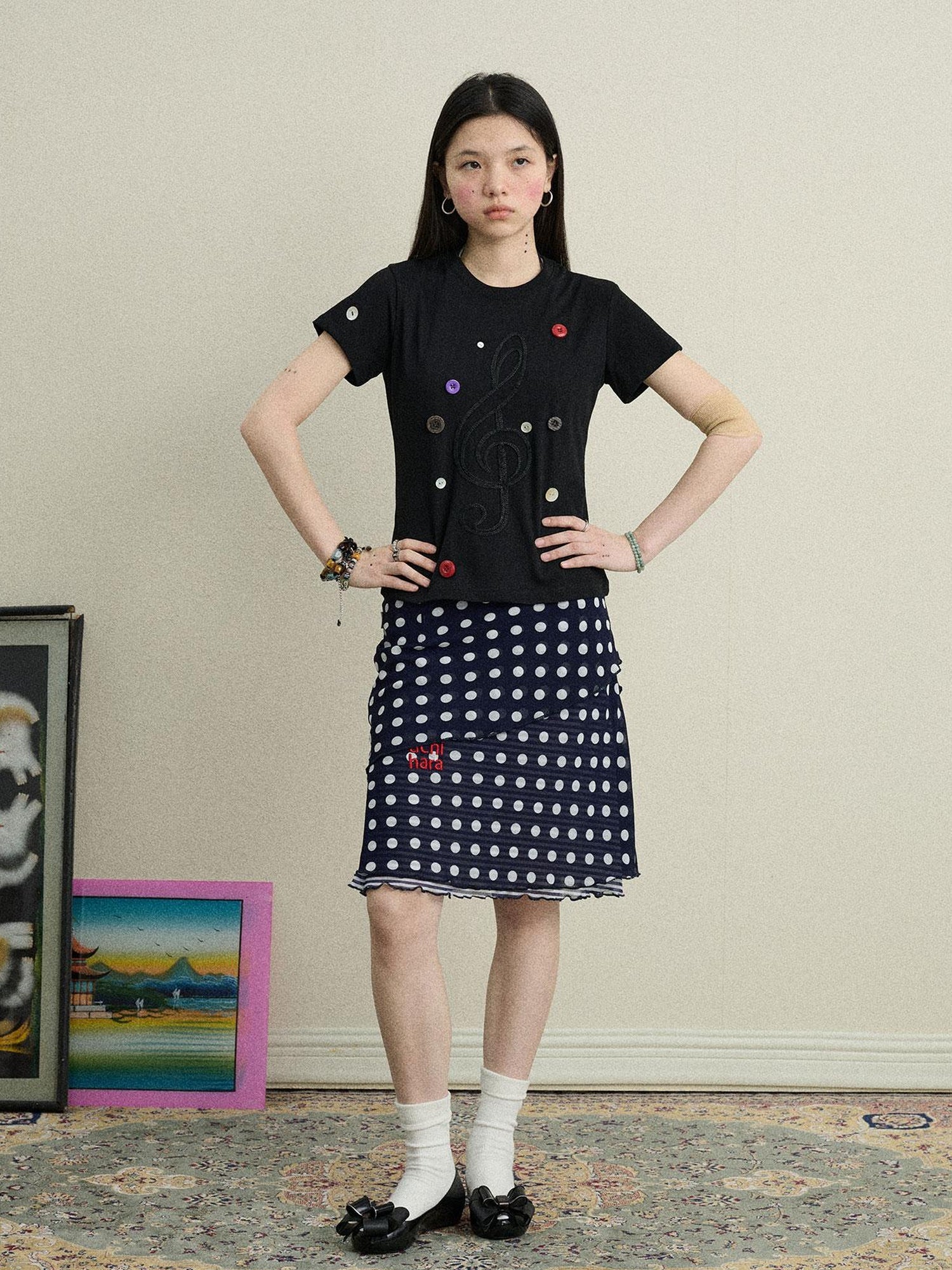 Achihara Music Button Embroidered Tee V Neck T Shirt Long Sleeve