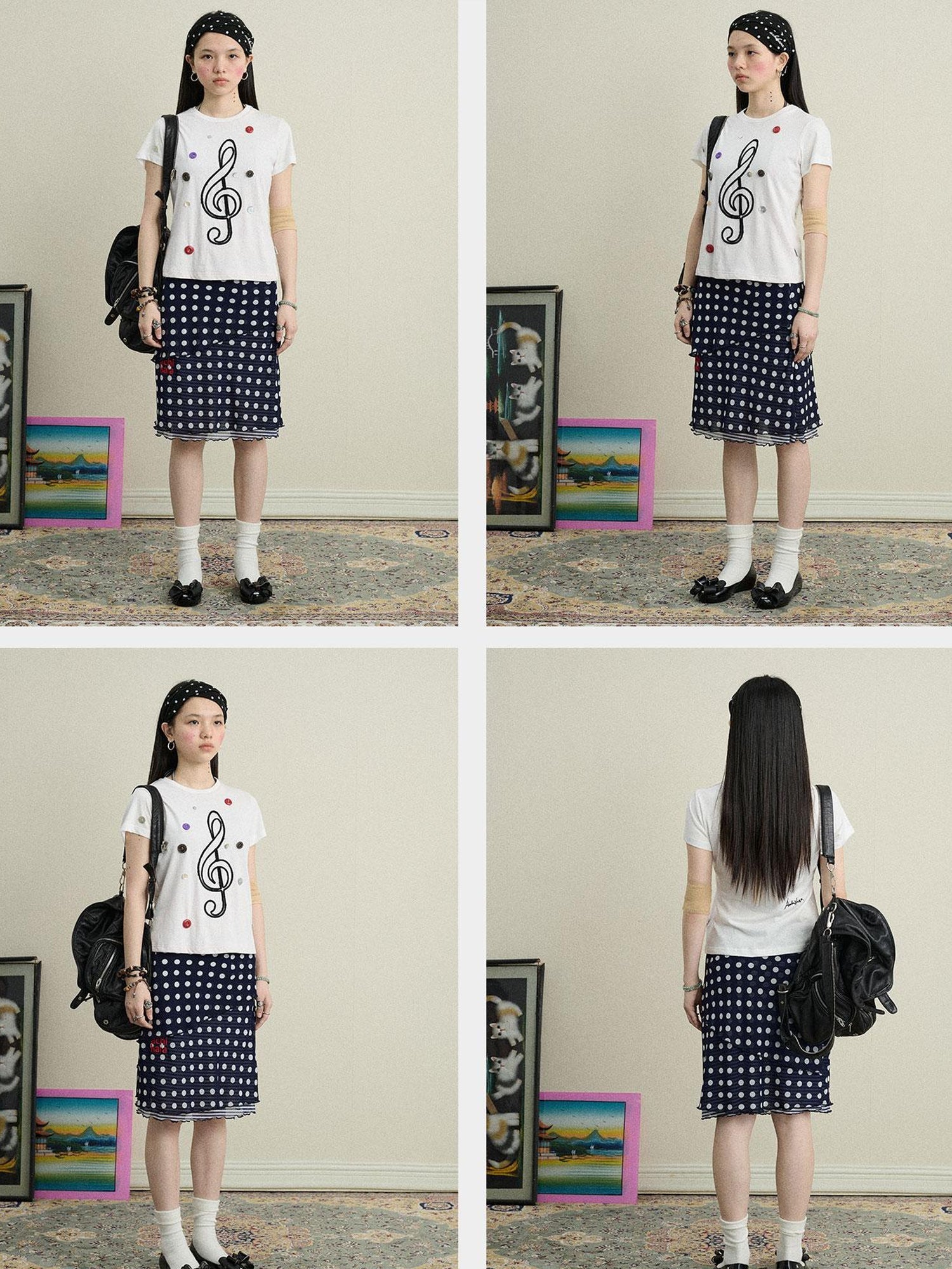 Achihara Music Button Embroidered Tee V Neck T Shirt Long Sleeve