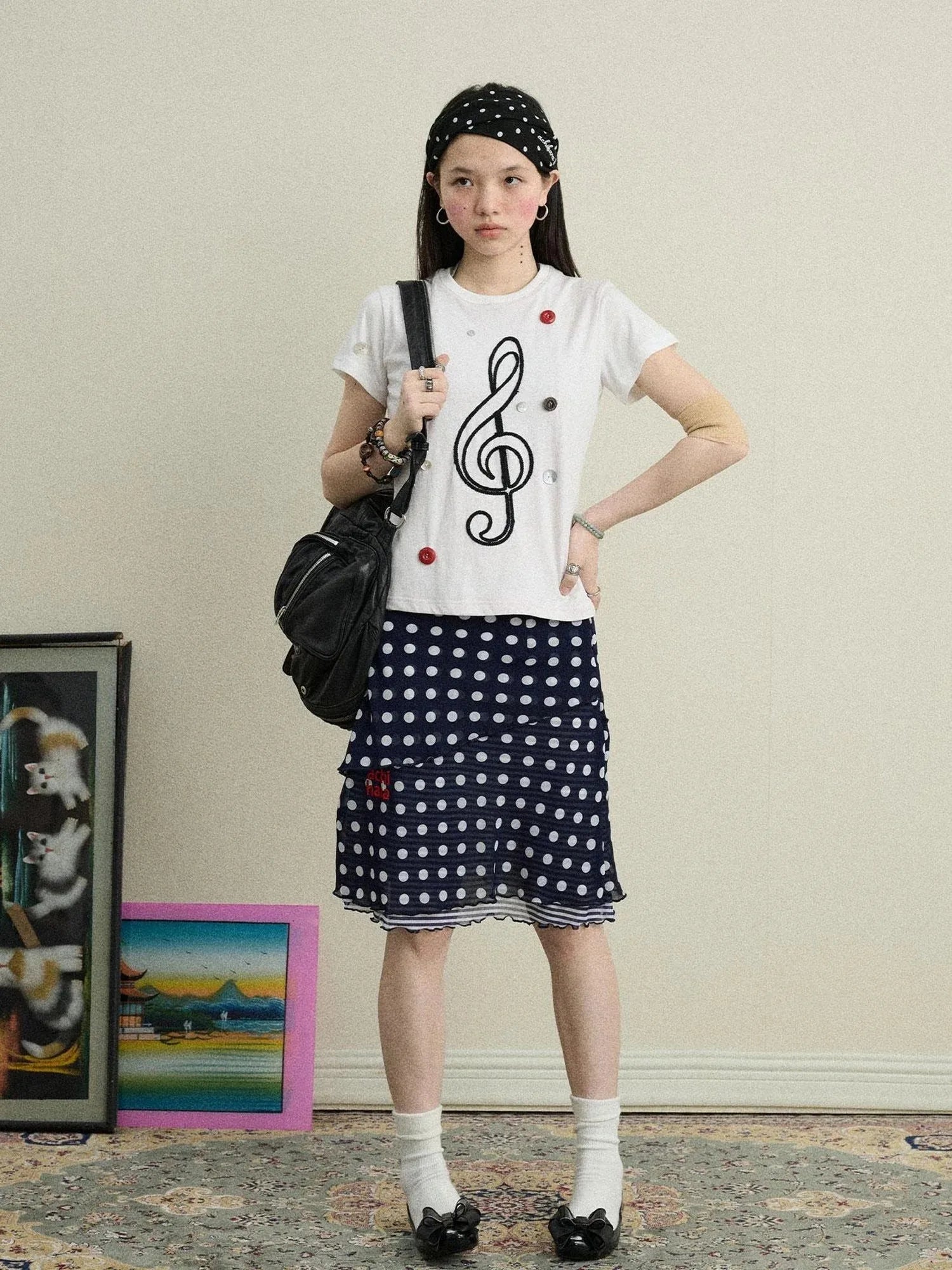 Music Button Embroidered Tee V Neck T Shirt Long Sleeve