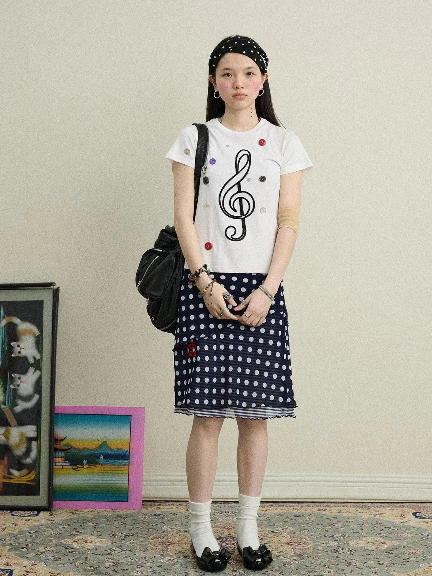 Music Button Embroidered Tee V Neck T Shirt Long Sleeve