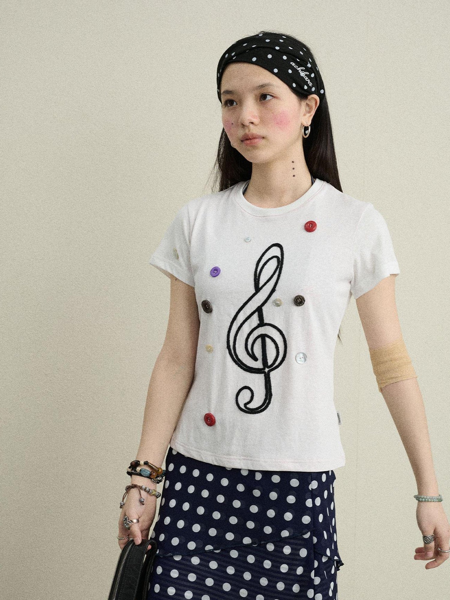 Achihara Music Button Embroidered Tee V Neck T Shirt Long Sleeve