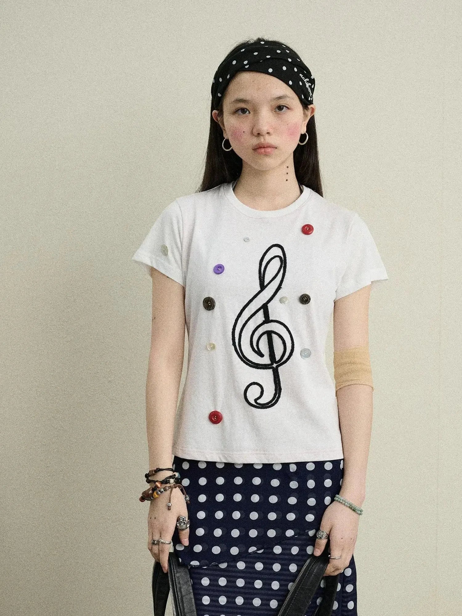 Music Button Embroidered Tee V Neck T Shirt Long Sleeve