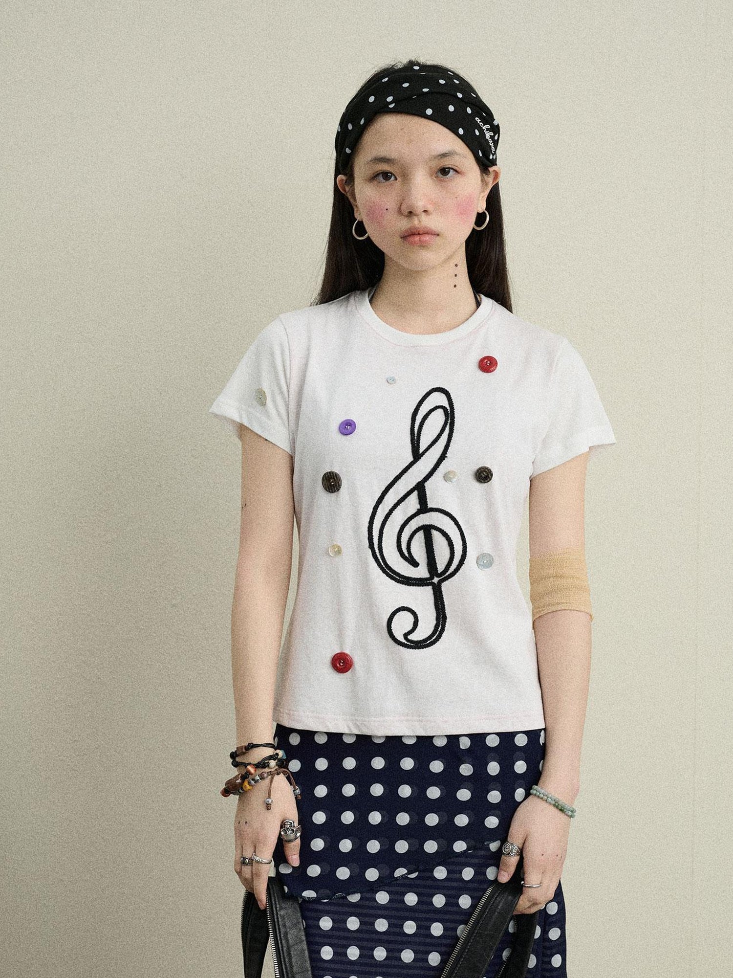 Achihara Music Button Embroidered Tee V Neck T Shirt Long Sleeve