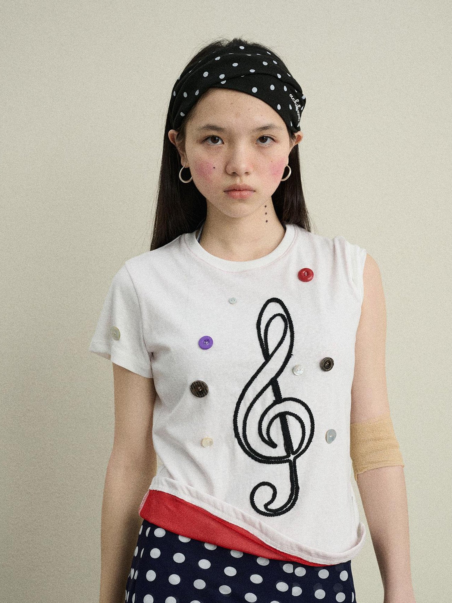 Achihara Music Button Embroidered Tee V Neck T Shirt Long Sleeve