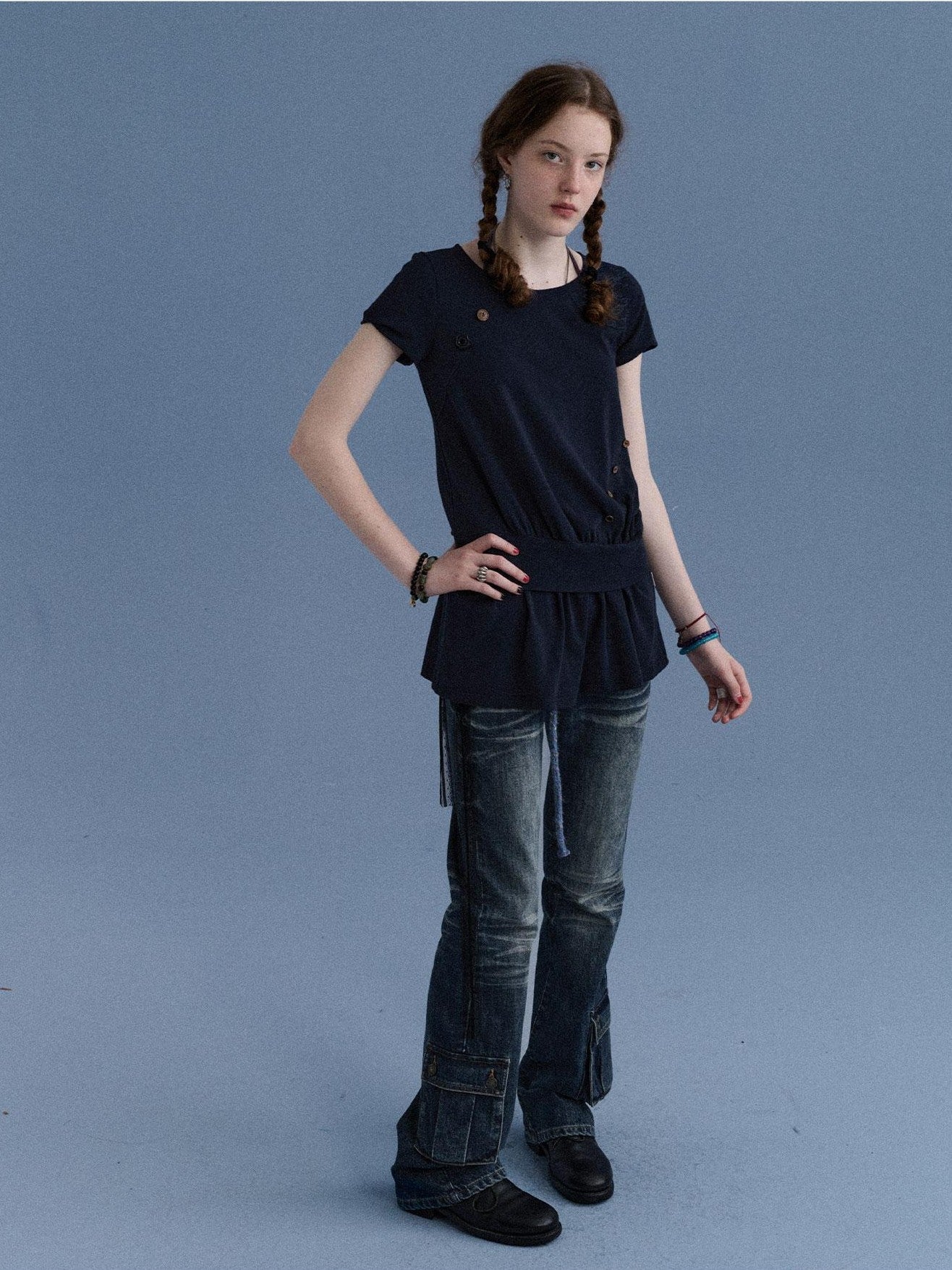 Achihara Navy Asymmetric Button Split Print Relaxed Women&