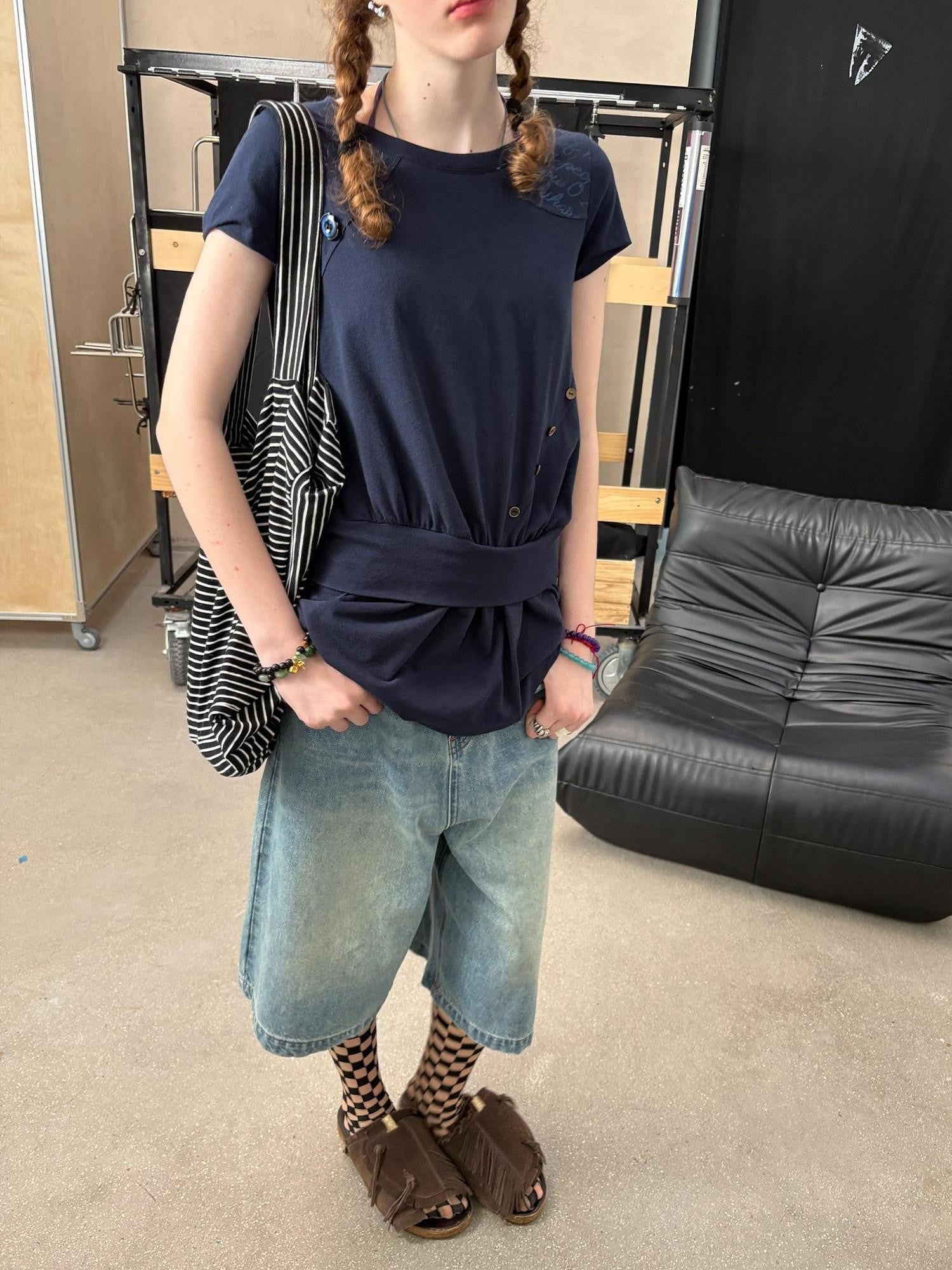 Achihara Navy Asymmetric Button Split Print Relaxed Women&