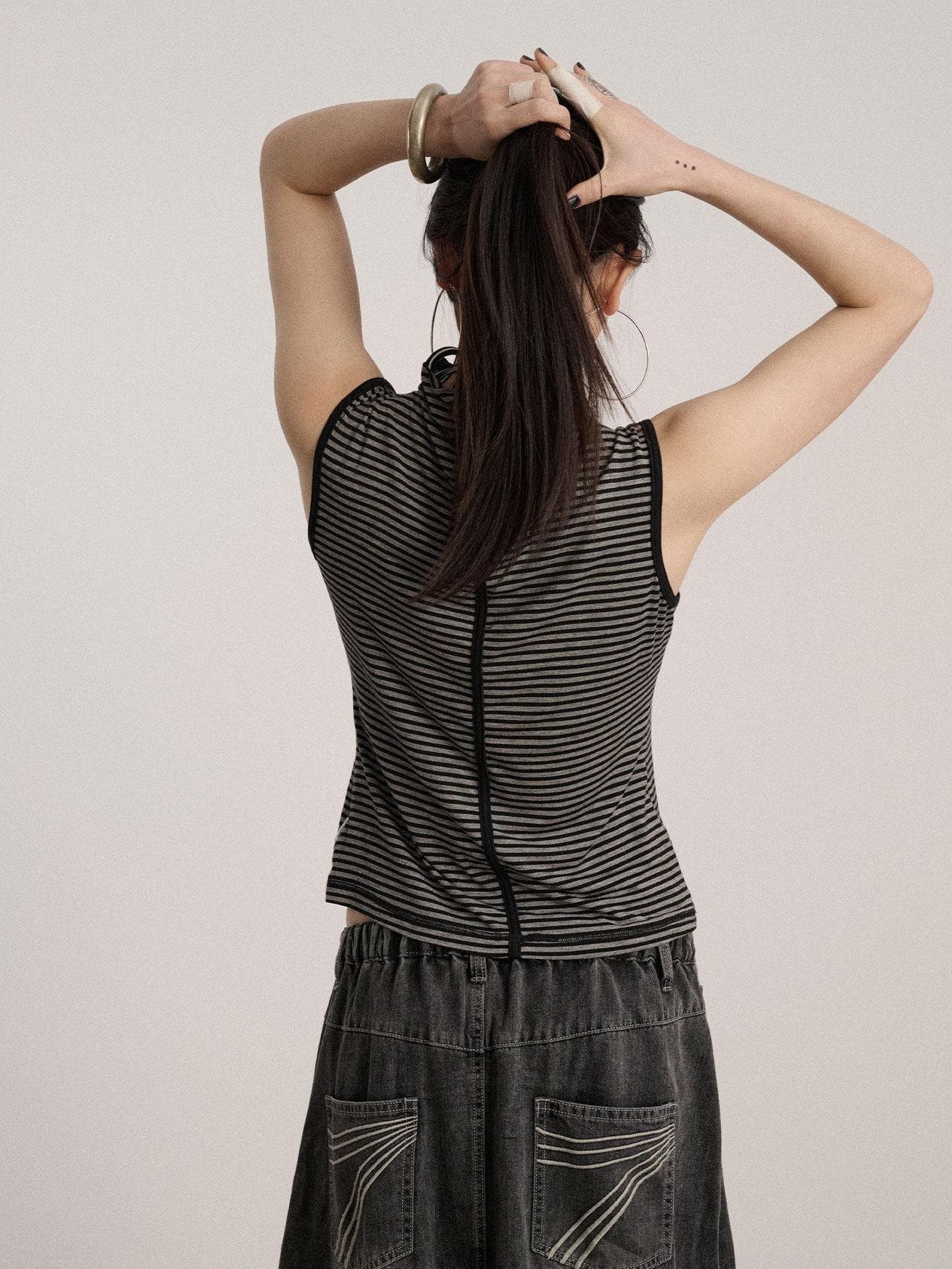Achihara No Padding Soft Stretch Cotton Spandex Mock Neck Cropped Striped Women Tank Tops