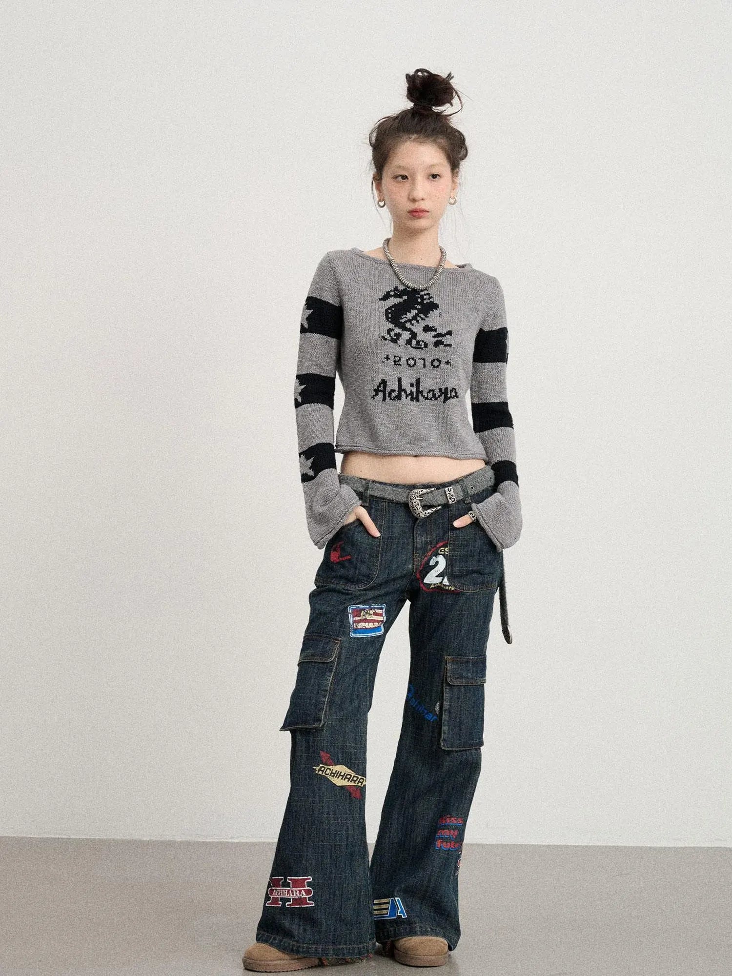 Oil Seahorse Colorblock Knit Sweater V-neck T-shirt Long-Sleeve