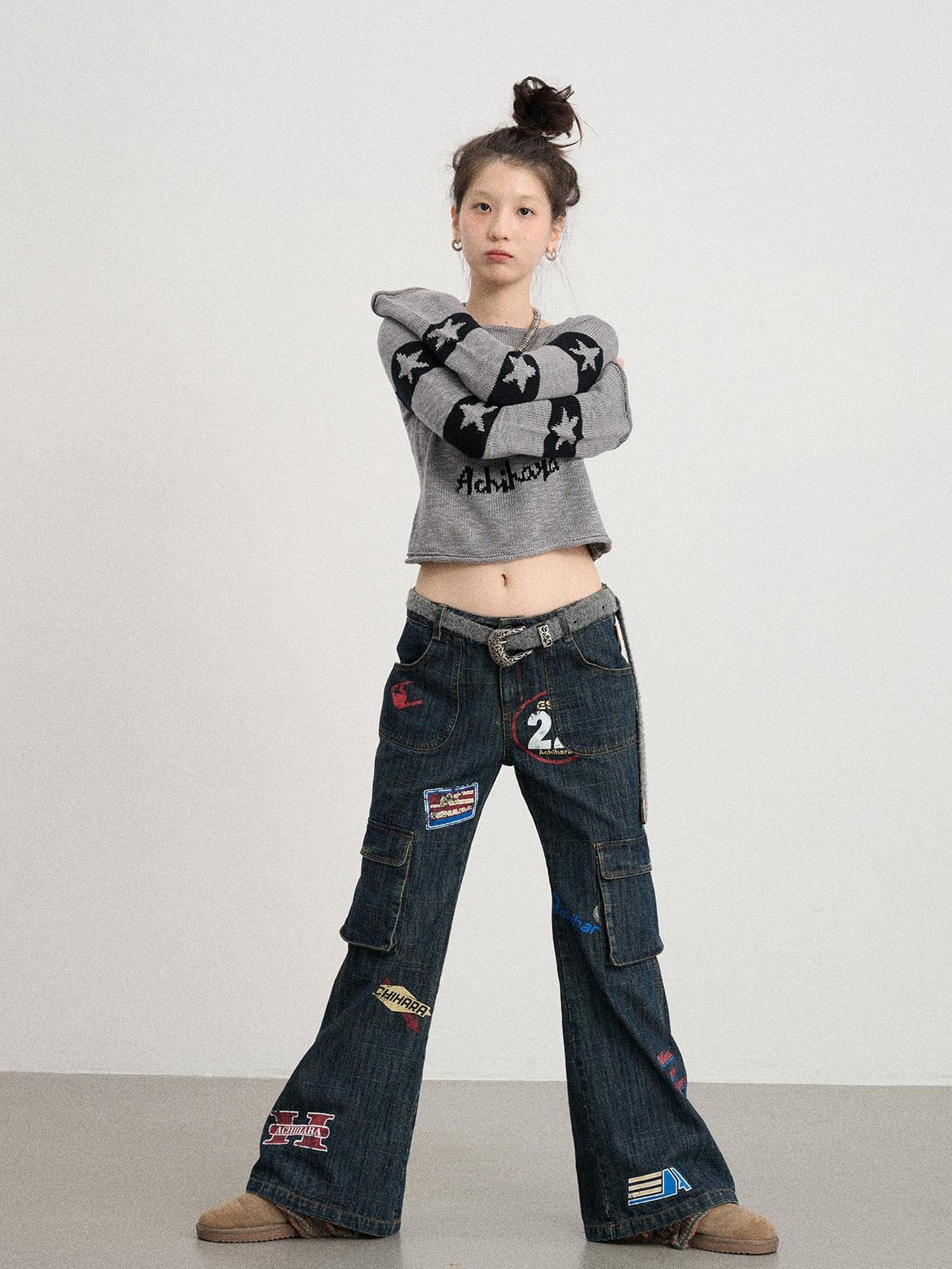 Achihara Oil Seahorse Colorblock Knit Sweater V-neck T-shirt Long-Sleeve