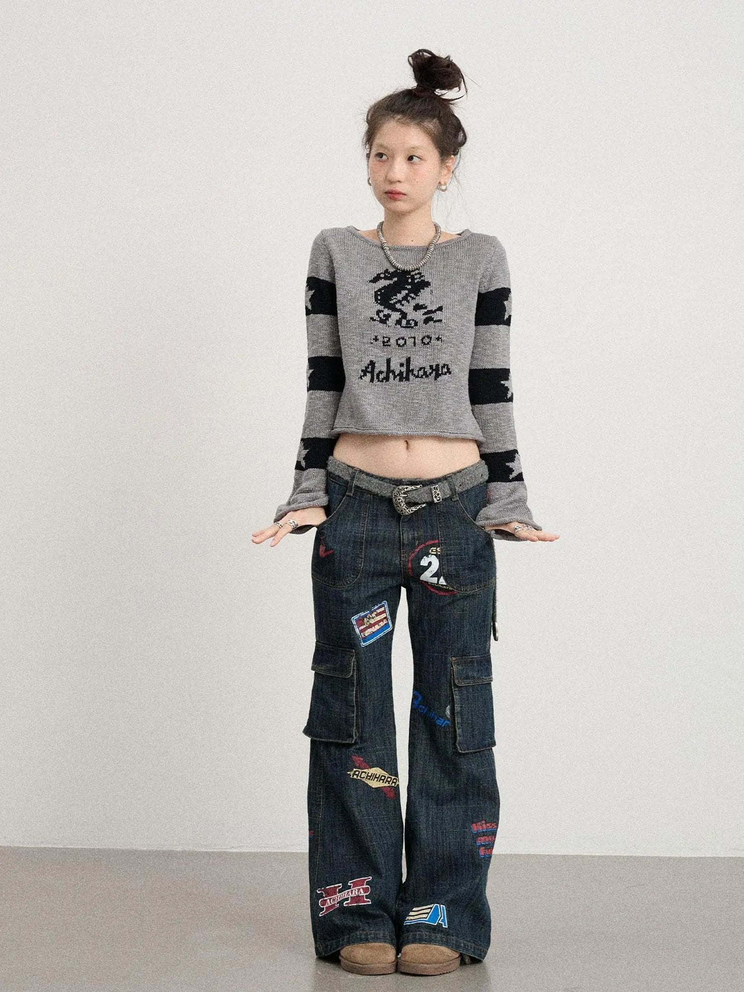 Oil Seahorse Colorblock Knit Sweater V-neck T-shirt Long-Sleeve