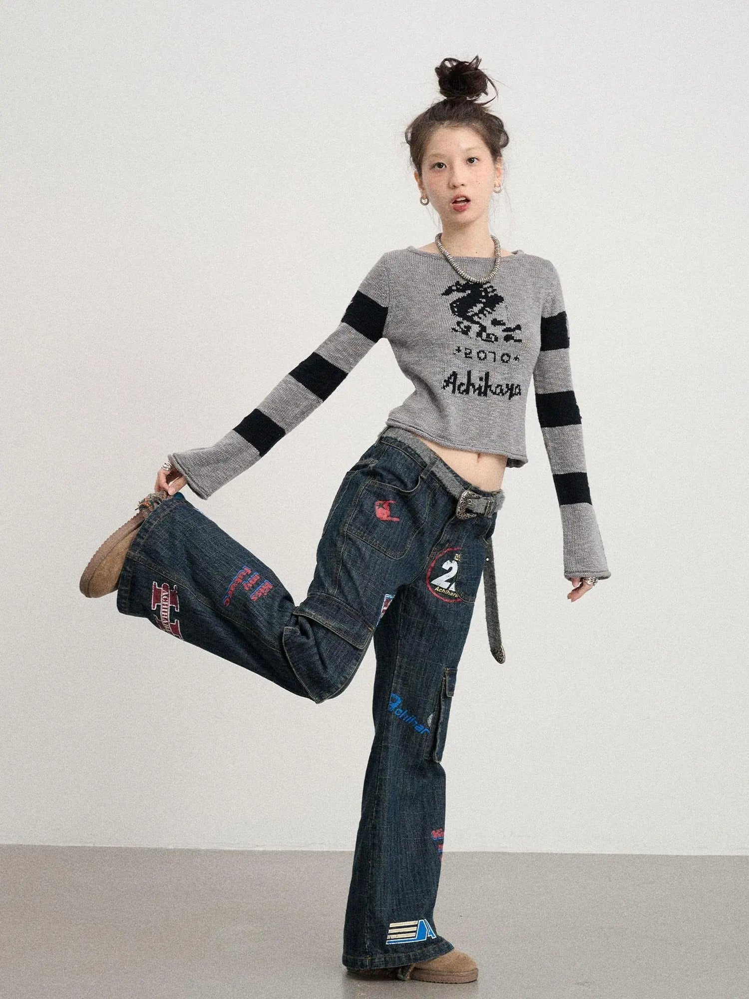 Oil Seahorse Colorblock Knit Sweater V-neck T-shirt Long-Sleeve