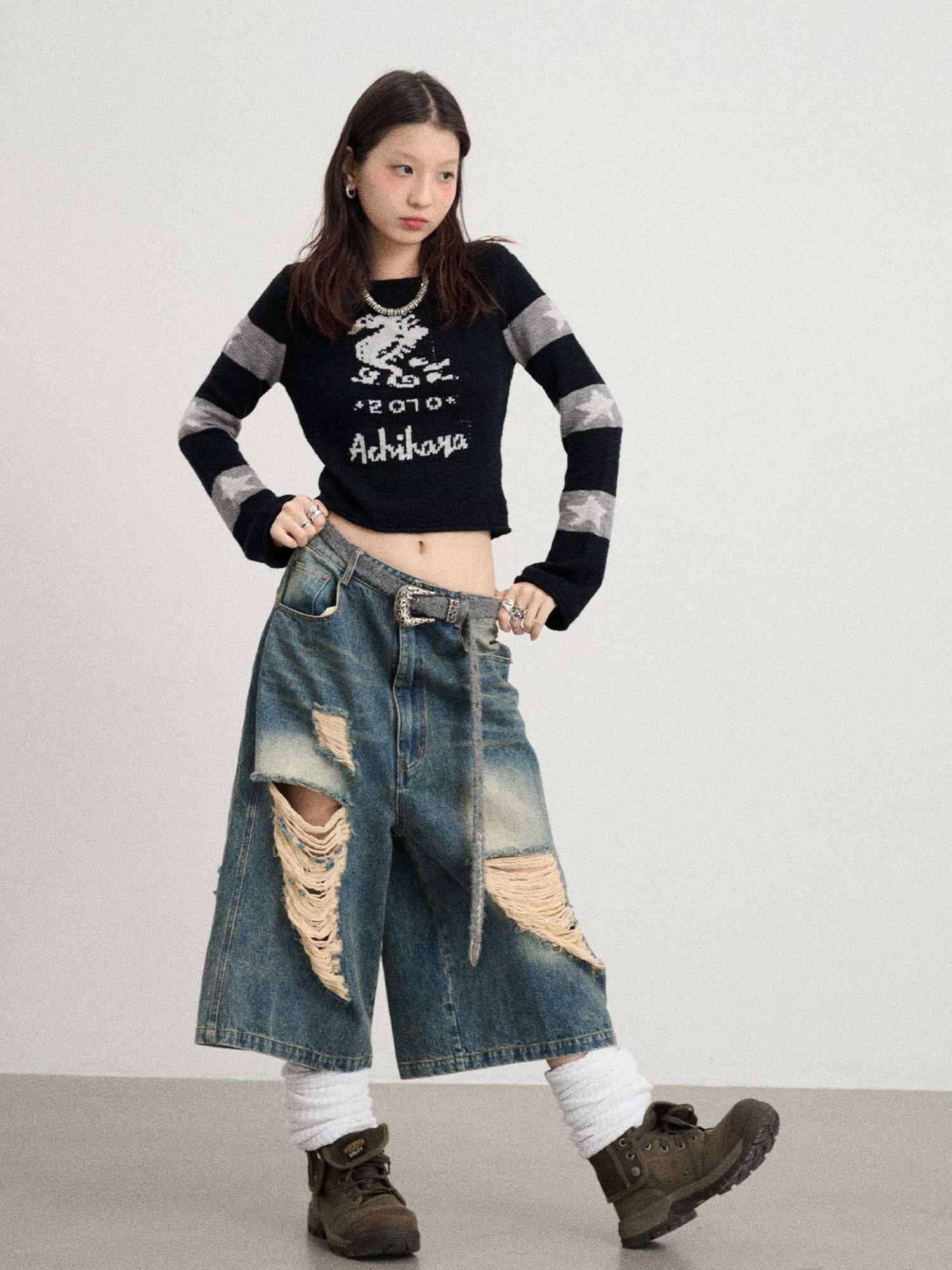 Achihara Oil Seahorse Colorblock Knit Sweater V-neck T-shirt Long-Sleeve