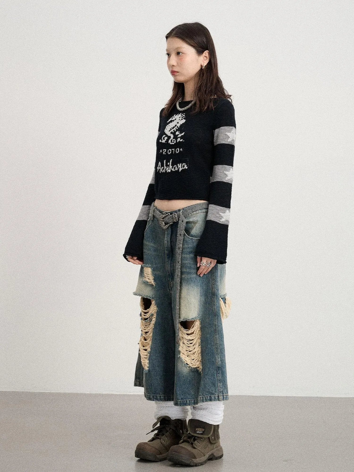 Oil Seahorse Colorblock Knit Sweater V-neck T-shirt Long-Sleeve
