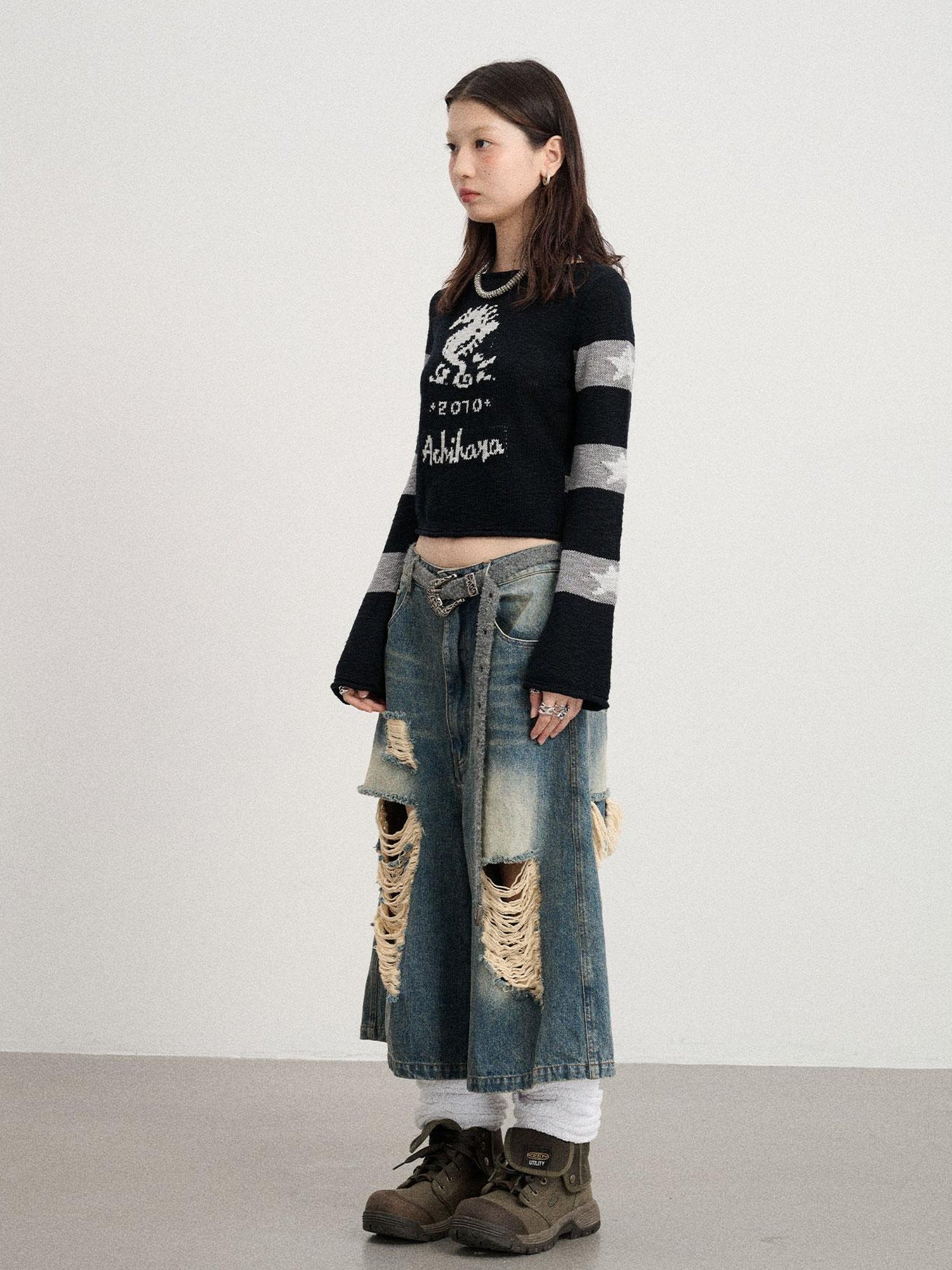 Achihara Oil Seahorse Colorblock Knit Sweater V-neck T-shirt Long-Sleeve