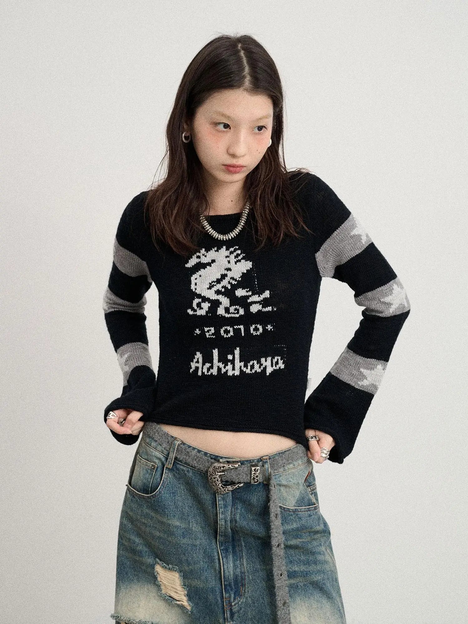 Oil Seahorse Colorblock Knit Sweater V-neck T-shirt Long-Sleeve
