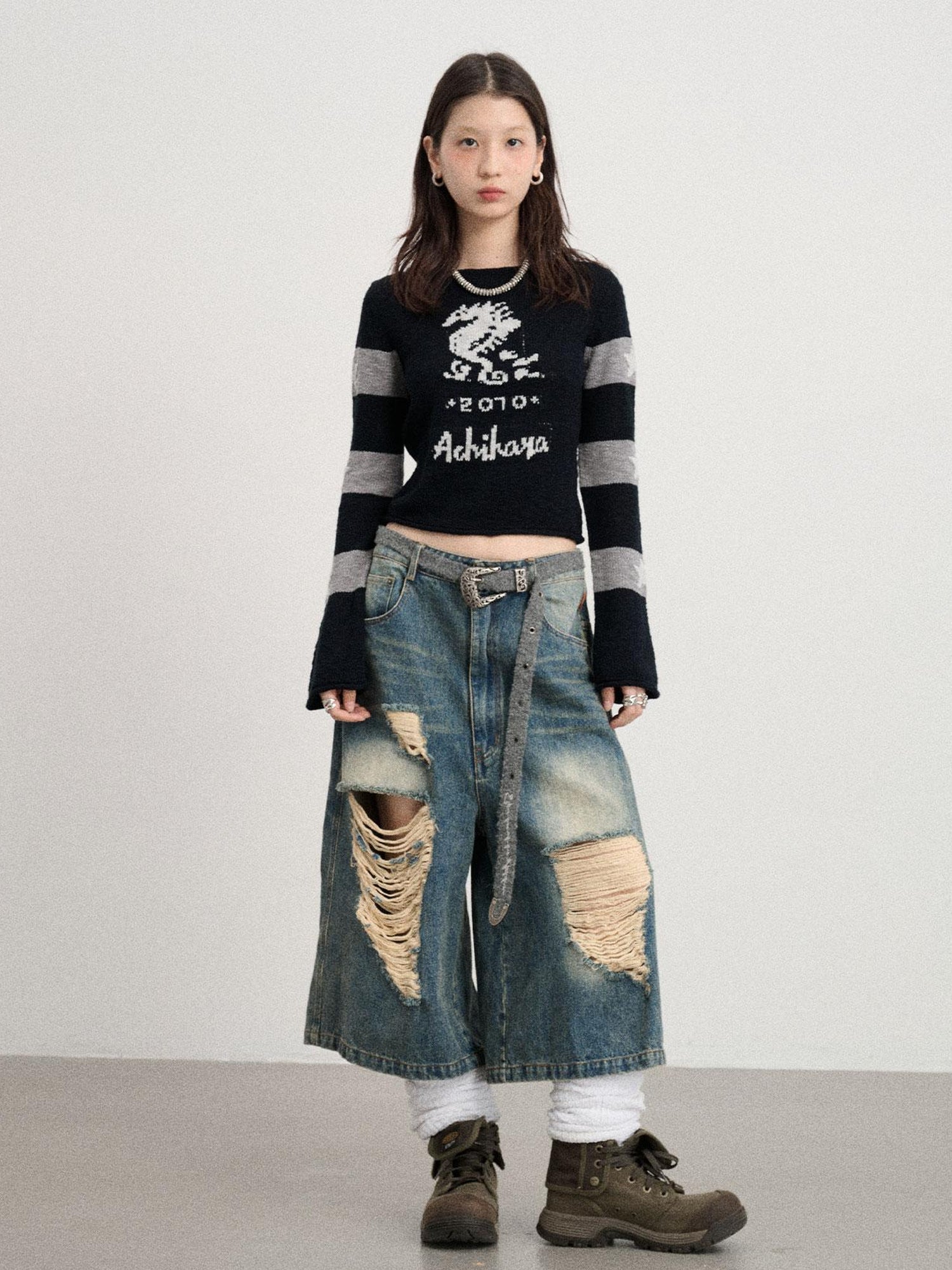 Achihara Oil Seahorse Colorblock Knit Sweater V-neck T-shirt Long-Sleeve