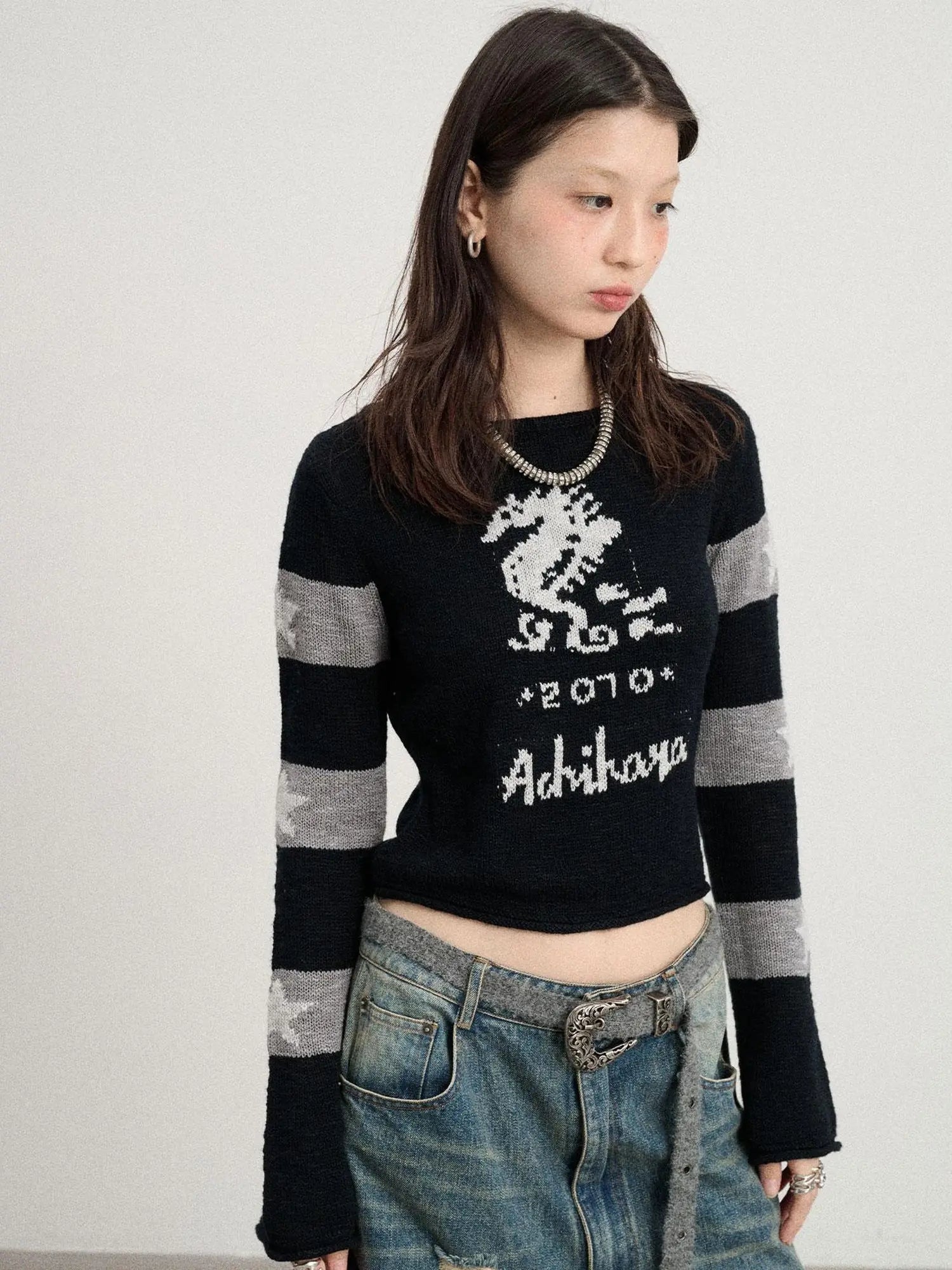 Oil Seahorse Colorblock Knit Sweater V-neck T-shirt Long-Sleeve