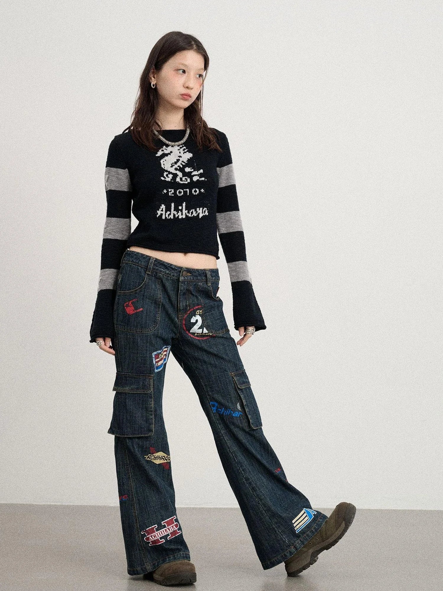 Oil Seahorse Colorblock Knit Sweater V-neck T-shirt Long-Sleeve