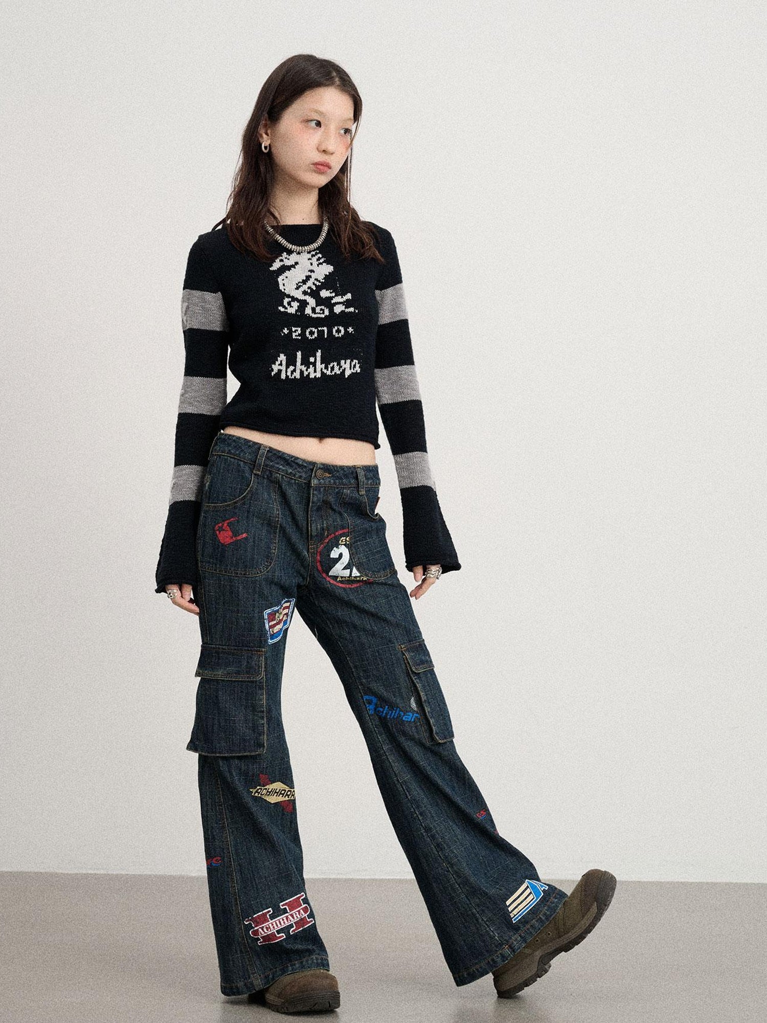 Achihara Oil Seahorse Colorblock Knit Sweater V-neck T-shirt Long-Sleeve