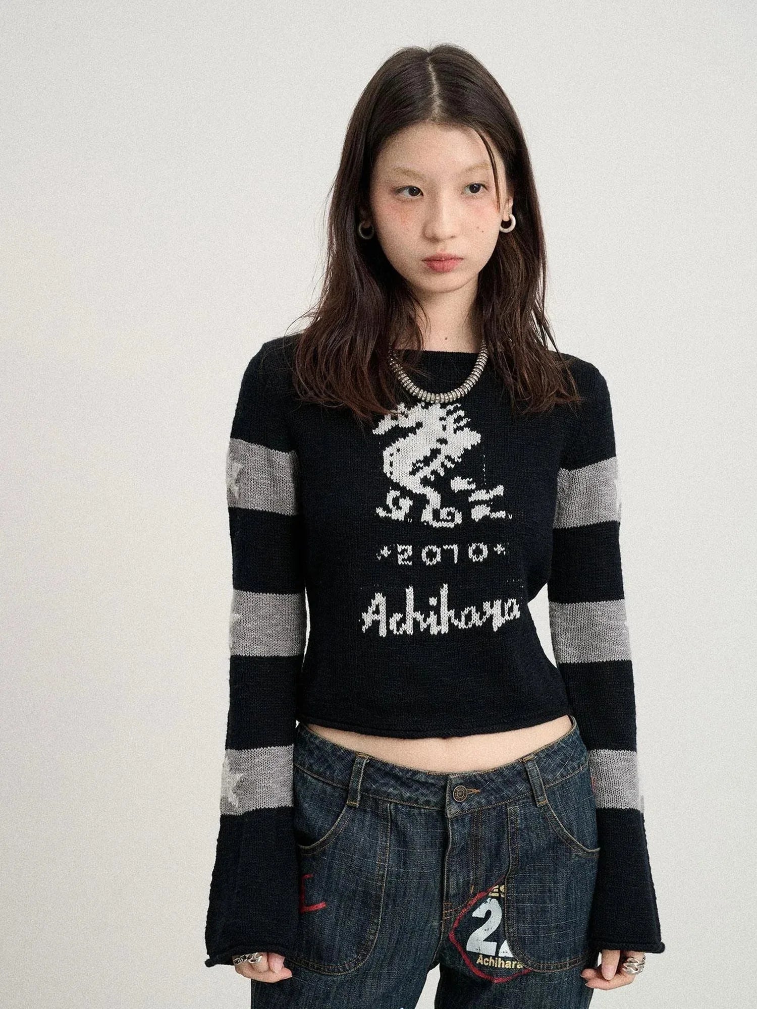 Oil Seahorse Colorblock Knit Sweater V-neck T-shirt Long-Sleeve