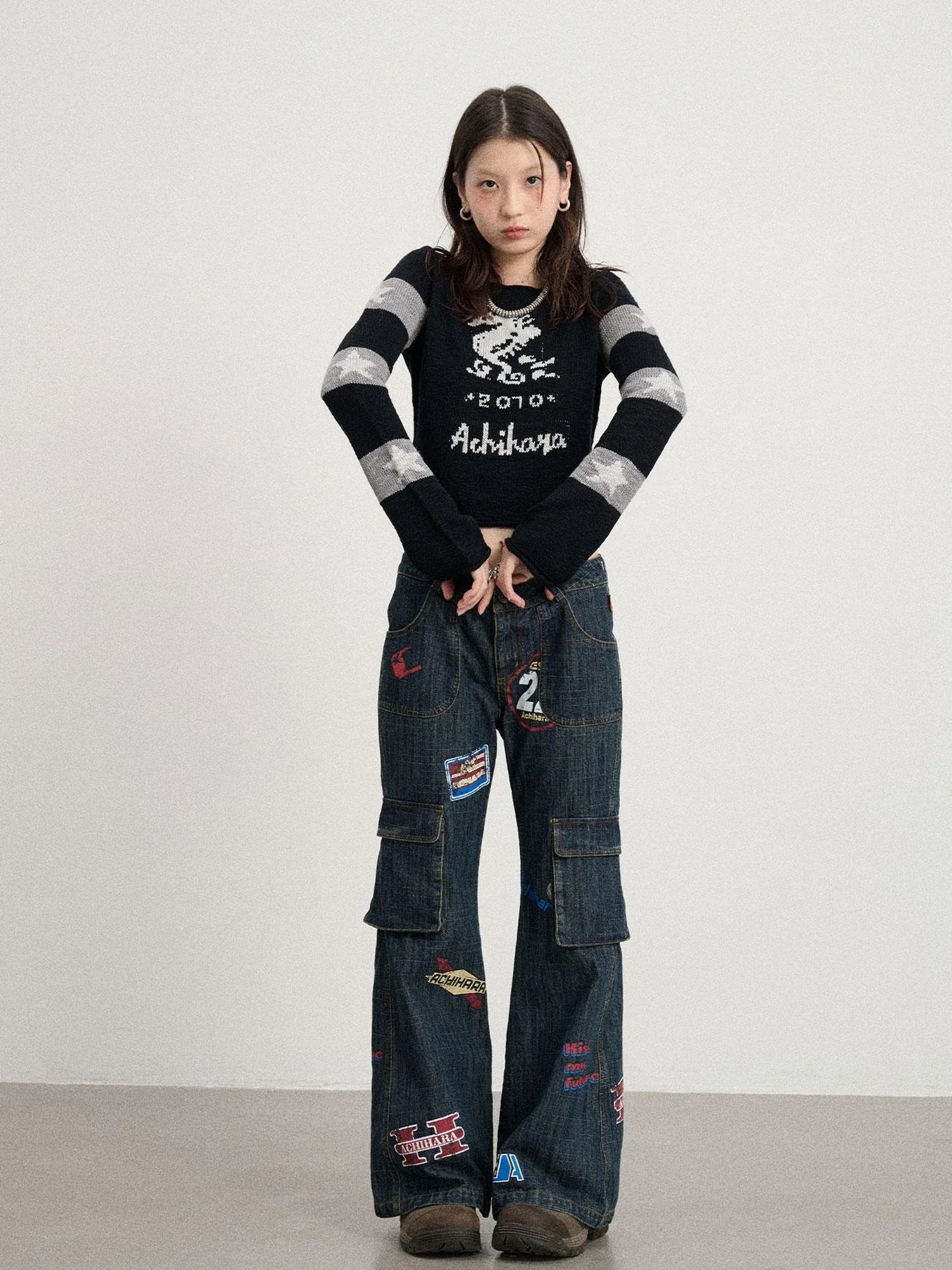 Oil Seahorse Colorblock Knit Sweater V-neck T-shirt Long-Sleeve