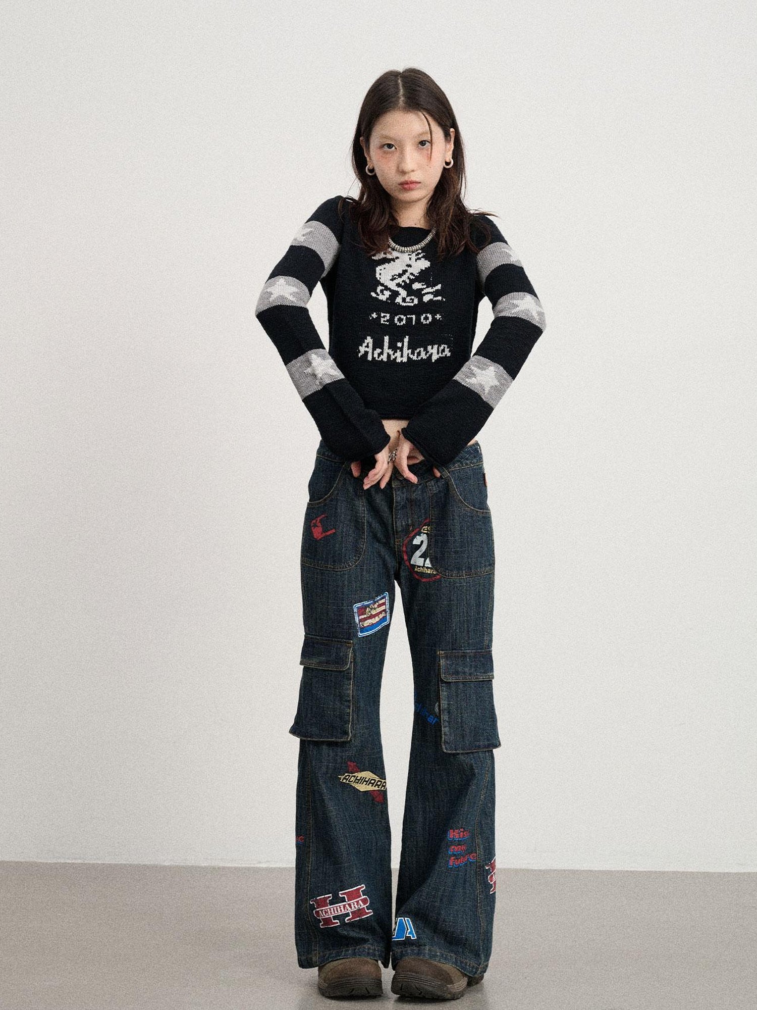 Achihara Oil Seahorse Colorblock Knit Sweater V-neck T-shirt Long-Sleeve