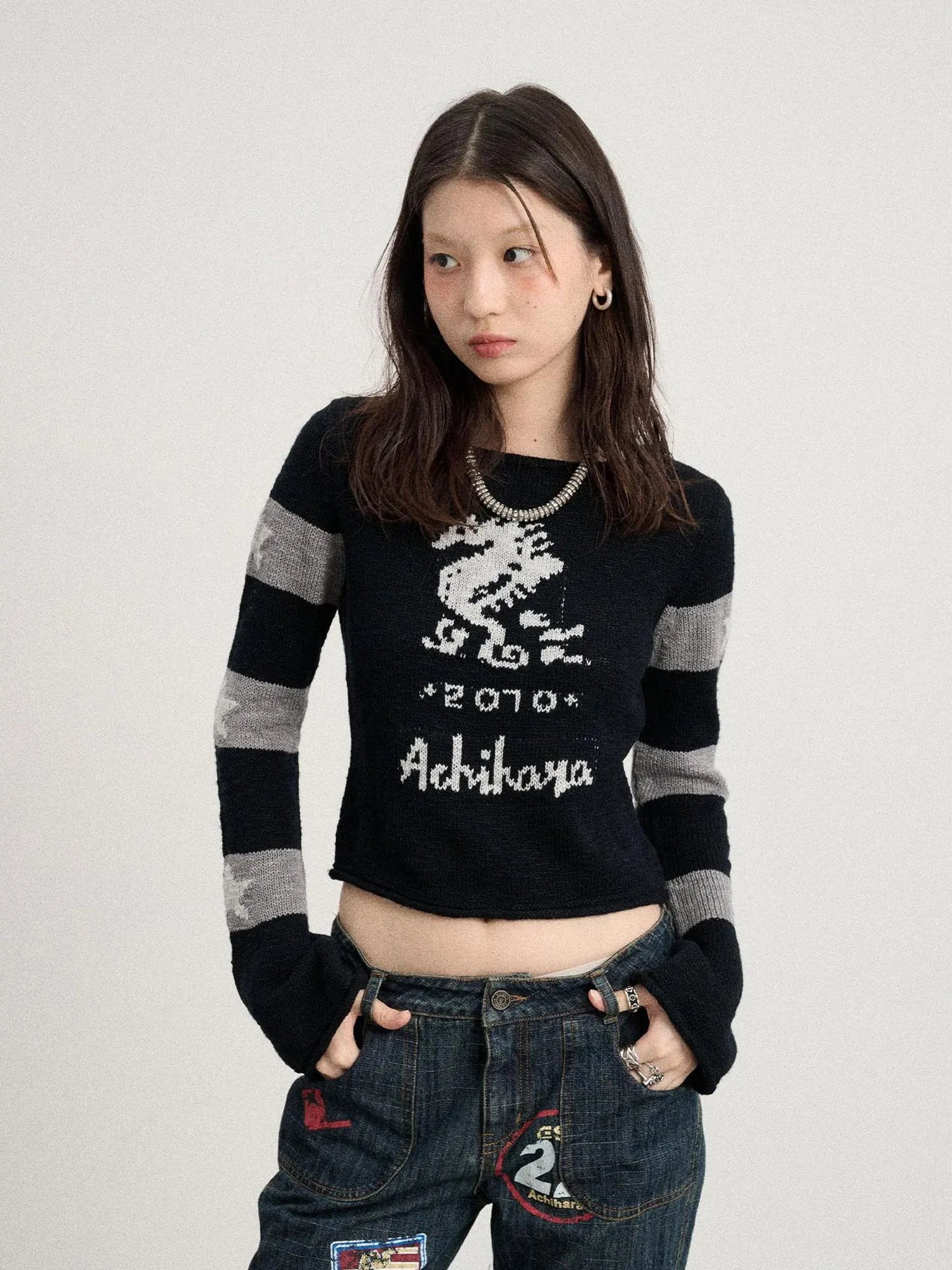 Oil Seahorse Colorblock Knit Sweater V-neck T-shirt Long-Sleeve