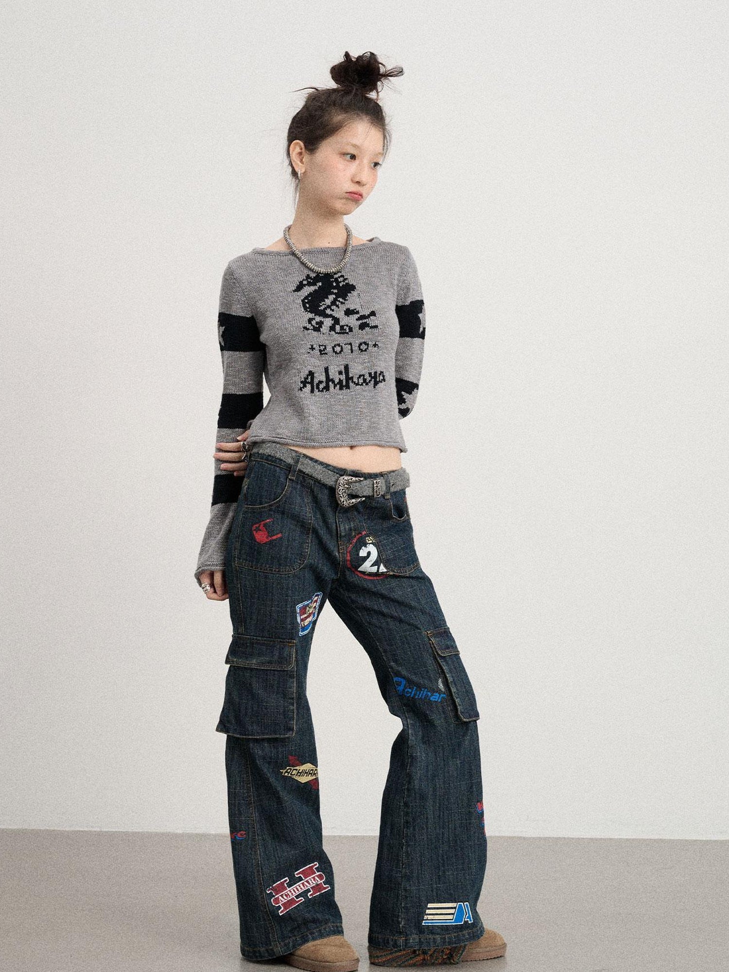 Achihara Oil Seahorse Colorblock Knit Sweater V-neck T-shirt Long-Sleeve