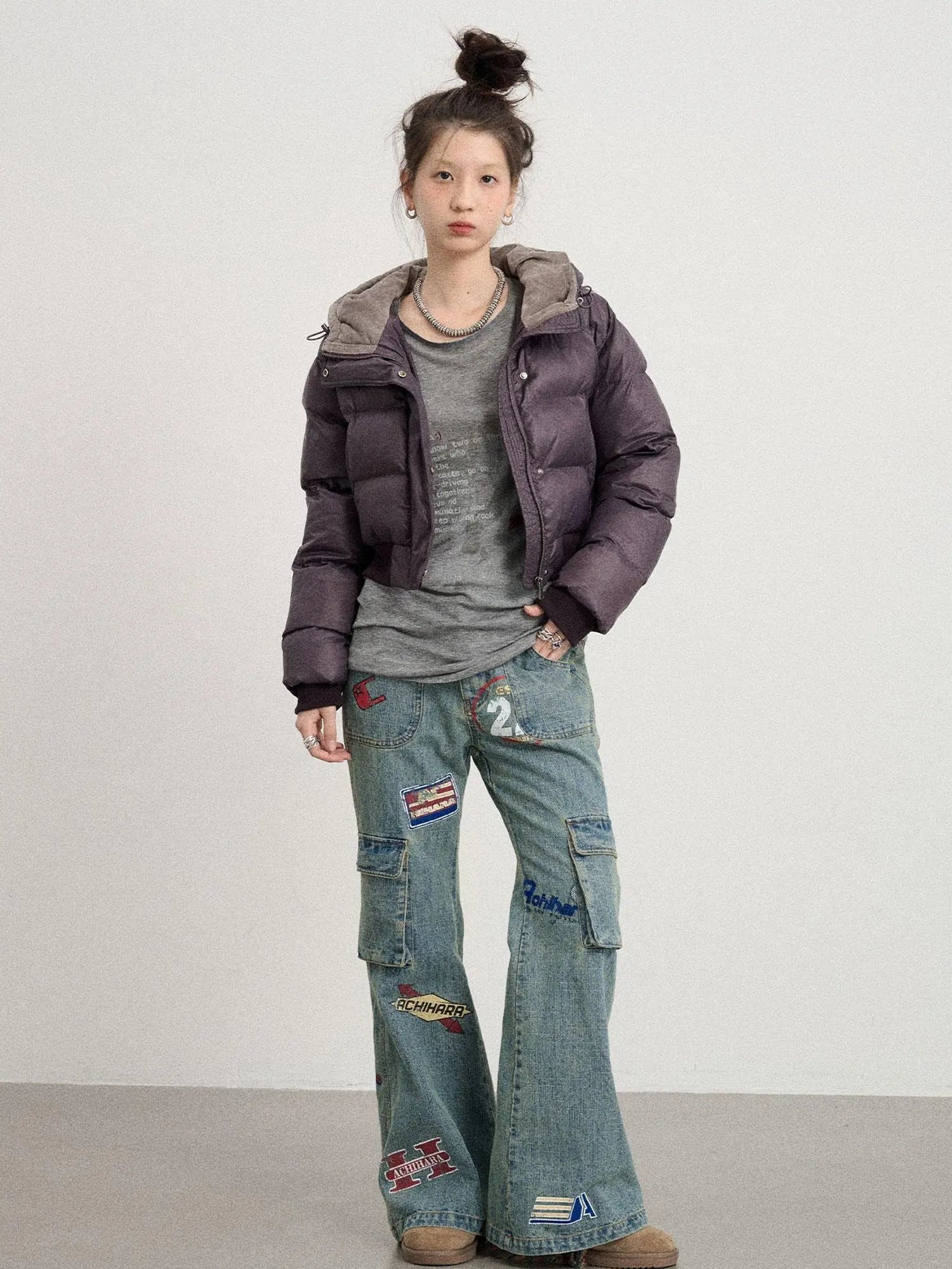 Om Embroidered Short Puffer Jacket