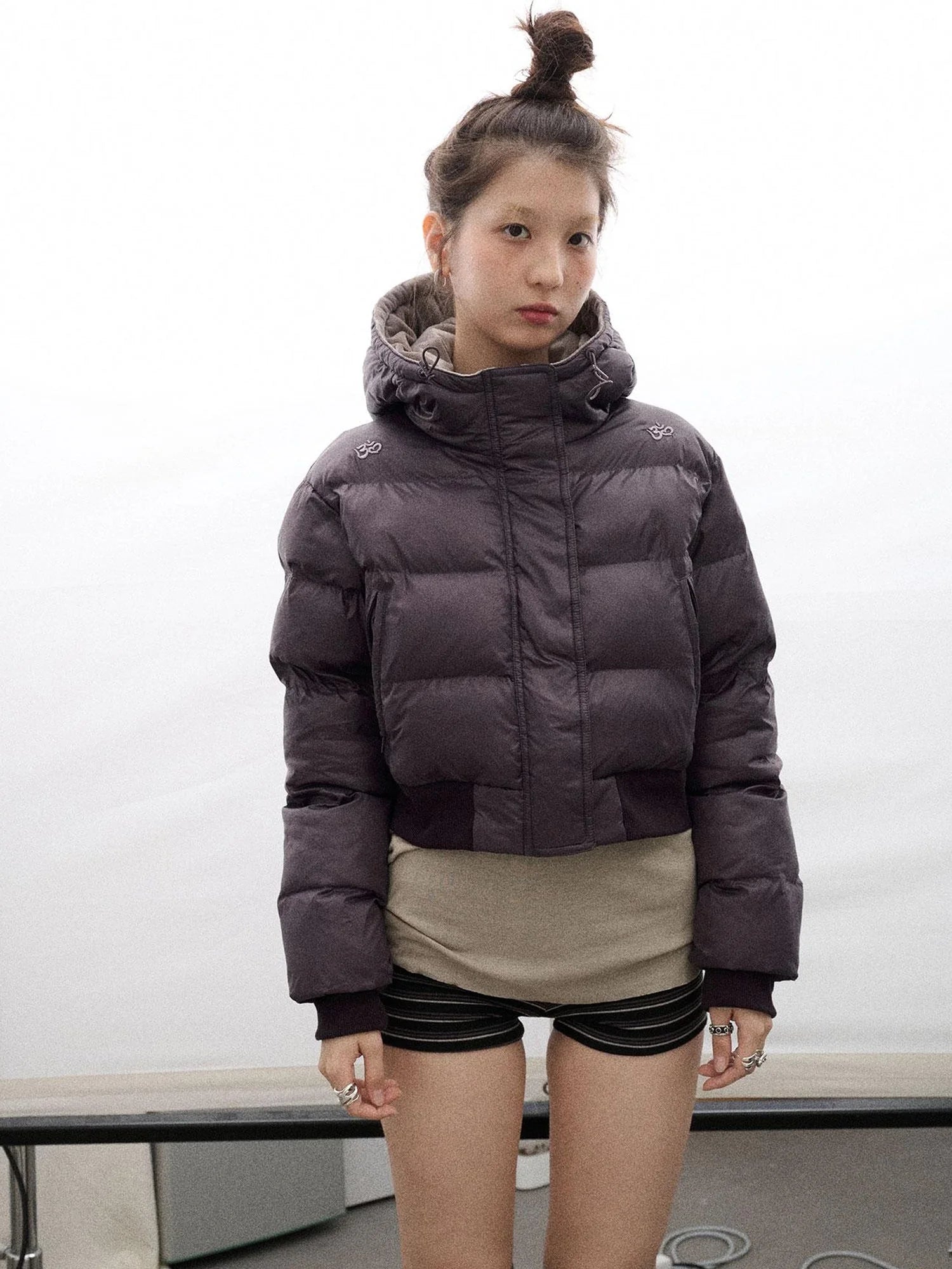 Om Embroidered Short Puffer Jacket
