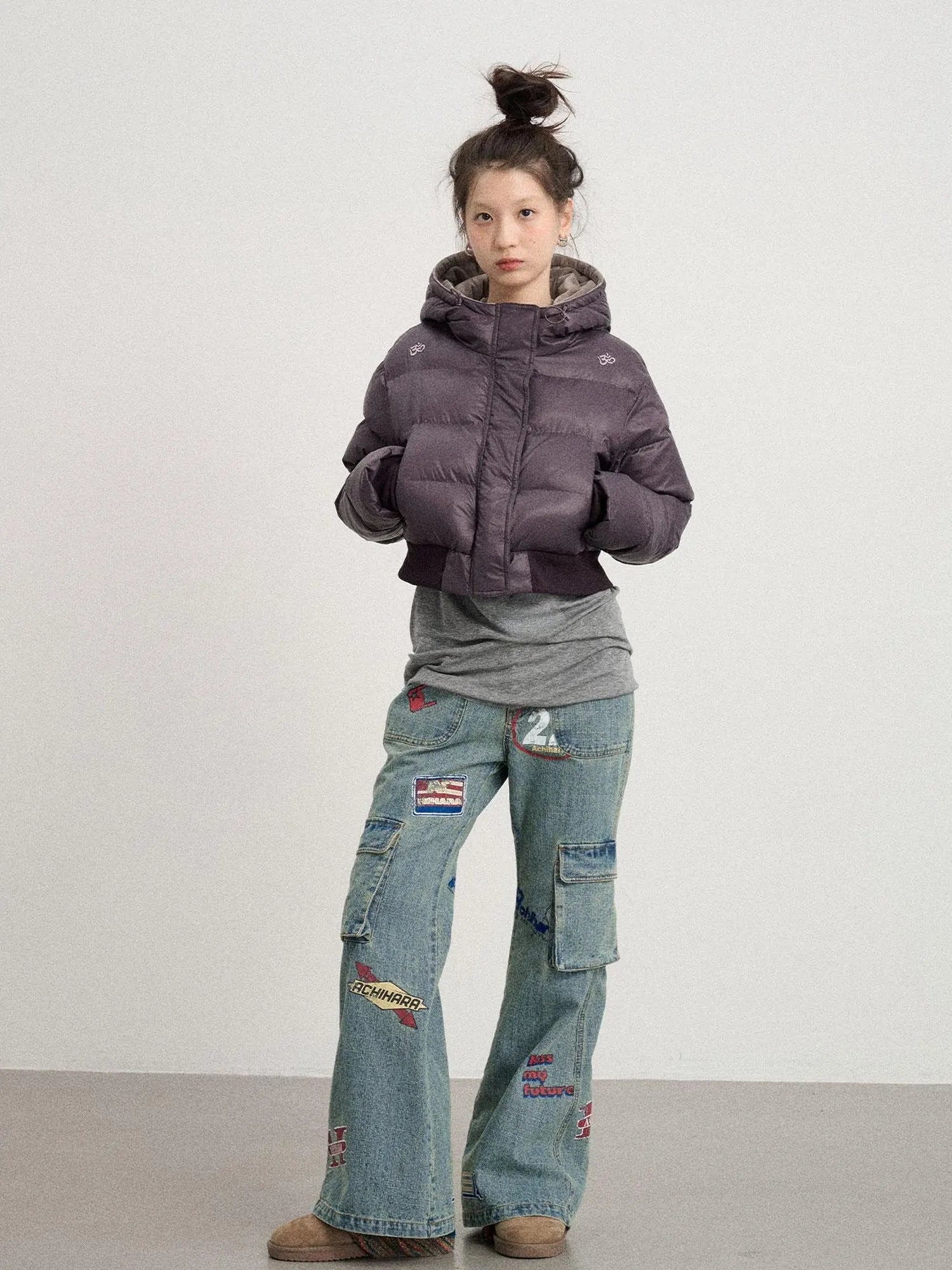 Om Embroidered Short Puffer Jacket